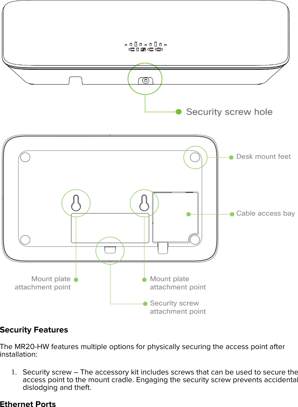   Security Features The MR20-HW features multiple options for physically securing the access point after installation: 1. Security screw – The accessory kit includes screws that can be used to secure the access point to the mount cradle. Engaging the security screw prevents accidental dislodging and theft. Ethernet Ports  