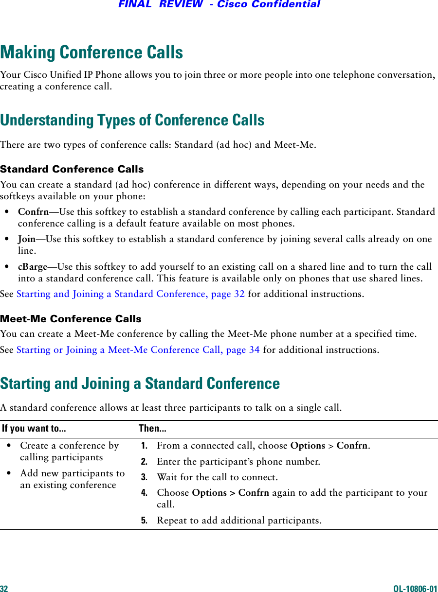 32 OL-10806-01FINAL  REVIEW  - Cisco ConfidentialMaking Conference CallsYour Cisco Unified IP Phone allows you to join three or more people into one telephone conversation, creating a conference call.Understanding Types of Conference CallsThere are two types of conference calls: Standard (ad hoc) and Meet-Me.Standard Conference CallsYou can create a standard (ad hoc) conference in different ways, depending on your needs and the softkeys available on your phone:•Confrn—Use this softkey to establish a standard conference by calling each participant. Standard conference calling is a default feature available on most phones.•Join—Use this softkey to establish a standard conference by joining several calls already on one line.•cBarge—Use this softkey to add yourself to an existing call on a shared line and to turn the call into a standard conference call. This feature is available only on phones that use shared lines.See Starting and Joining a Standard Conference, page 32 for additional instructions.Meet-Me Conference CallsYou can create a Meet-Me conference by calling the Meet-Me phone number at a specified time.See Starting or Joining a Meet-Me Conference Call, page 34 for additional instructions.Starting and Joining a Standard ConferenceA standard conference allows at least three participants to talk on a single call.If you want to... Then...•Create a conference by calling participants•Add new participants to an existing conference1. From a connected call, choose Options &gt; Confrn. 2. Enter the participant’s phone number. 3. Wait for the call to connect.4. Choose Options &gt; Confrn again to add the participant to your call.5. Repeat to add additional participants.
