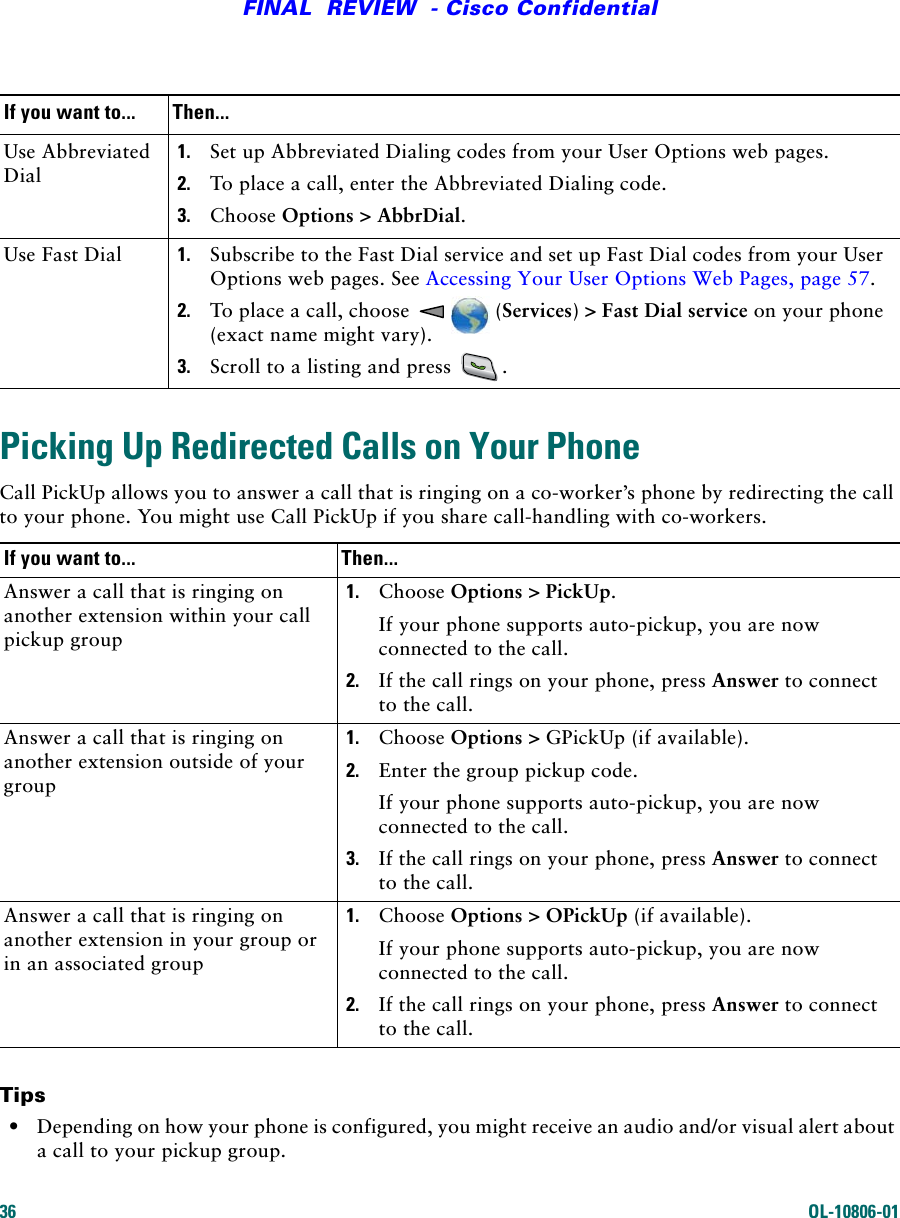 36 OL-10806-01FINAL  REVIEW  - Cisco ConfidentialPicking Up Redirected Calls on Your PhoneCall PickUp allows you to answer a call that is ringing on a co-worker’s phone by redirecting the call to your phone. You might use Call PickUp if you share call-handling with co-workers.Tips•Depending on how your phone is configured, you might receive an audio and/or visual alert about a call to your pickup group.Use Abbreviated Dial1. Set up Abbreviated Dialing codes from your User Options web pages.2. To place a call, enter the Abbreviated Dialing code.3. Choose Options &gt; AbbrDial.Use Fast Dial 1. Subscribe to the Fast Dial service and set up Fast Dial codes from your User Options web pages. See Accessing Your User Options Web Pages, page 57.2. To place a call, choose     (Services) &gt; Fast Dial service on your phone (exact name might vary).3. Scroll to a listing and press  . If you want to... Then...Answer a call that is ringing on another extension within your call pickup group1. Choose Options &gt; PickUp.If your phone supports auto-pickup, you are now connected to the call.2. If the call rings on your phone, press Answer to connect to the call.Answer a call that is ringing on another extension outside of your group1. Choose Options &gt; GPickUp (if available). 2. Enter the group pickup code.If your phone supports auto-pickup, you are now connected to the call.3. If the call rings on your phone, press Answer to connect to the call. Answer a call that is ringing on another extension in your group or in an associated group 1. Choose Options &gt; OPickUp (if available). If your phone supports auto-pickup, you are now connected to the call.2. If the call rings on your phone, press Answer to connect to the call.If you want to... Then...
