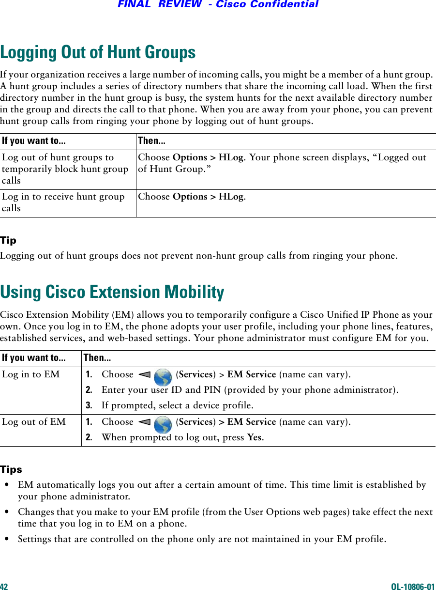 42 OL-10806-01FINAL  REVIEW  - Cisco ConfidentialLogging Out of Hunt GroupsIf your organization receives a large number of incoming calls, you might be a member of a hunt group. A hunt group includes a series of directory numbers that share the incoming call load. When the first directory number in the hunt group is busy, the system hunts for the next available directory number in the group and directs the call to that phone. When you are away from your phone, you can prevent hunt group calls from ringing your phone by logging out of hunt groups.TipLogging out of hunt groups does not prevent non-hunt group calls from ringing your phone.Using Cisco Extension MobilityCisco Extension Mobility (EM) allows you to temporarily configure a Cisco Unified IP Phone as your own. Once you log in to EM, the phone adopts your user profile, including your phone lines, features, established services, and web-based settings. Your phone administrator must configure EM for you.Tips•EM automatically logs you out after a certain amount of time. This time limit is established by your phone administrator.•Changes that you make to your EM profile (from the User Options web pages) take effect the next time that you log in to EM on a phone.•Settings that are controlled on the phone only are not maintained in your EM profile.If you want to... Then...Log out of hunt groups to temporarily block hunt group callsChoose Options &gt; HLog. Your phone screen displays, “Logged out of Hunt Group.” Log in to receive hunt group callsChoose Options &gt; HLog.If you want to... Then...Log in to EM 1. Choose    (Services) &gt; EM Service (name can vary).2. Enter your user ID and PIN (provided by your phone administrator).3. If prompted, select a device profile.Log out of EM 1. Choose   (Services) &gt; EM Service (name can vary).2. When prompted to log out, press Yes.