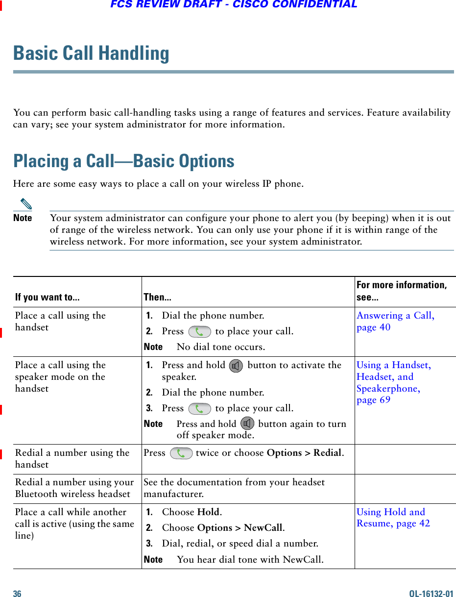 36 OL-16132-01FCS REVIEW DRAFT - CISCO CONFIDENTIALBasic Call HandlingYou can perform basic call-handling tasks using a range of features and services. Feature availability can vary; see your system administrator for more information.Placing a Call—Basic OptionsHere are some easy ways to place a call on your wireless IP phone.Note Your system administrator can configure your phone to alert you (by beeping) when it is out of range of the wireless network. You can only use your phone if it is within range of the wireless network. For more information, see your system administrator.If you want to... Then...For more information, see...Place a call using the handset1. Dial the phone number.2. Press   to place your call. Note No dial tone occurs.Answering a Call, page 40Place a call using the speaker mode on the handset1. Press and hold   button to activate the speaker.2. Dial the phone number.3. Press   to place your call. Note Press and hold   button again to turn off speaker mode.Using a Handset, Headset, and Speakerphone, page 69Redial a number using the handsetPress   twice or choose Options &gt; Redial.Redial a number using your Bluetooth wireless headsetSee the documentation from your headset manufacturer.Place a call while another call is active (using the same line)1. Choose Hold.2. Choose Options &gt; NewCall.3. Dial, redial, or speed dial a number.Note You hear dial tone with NewCall.Using Hold and Resume, page 42