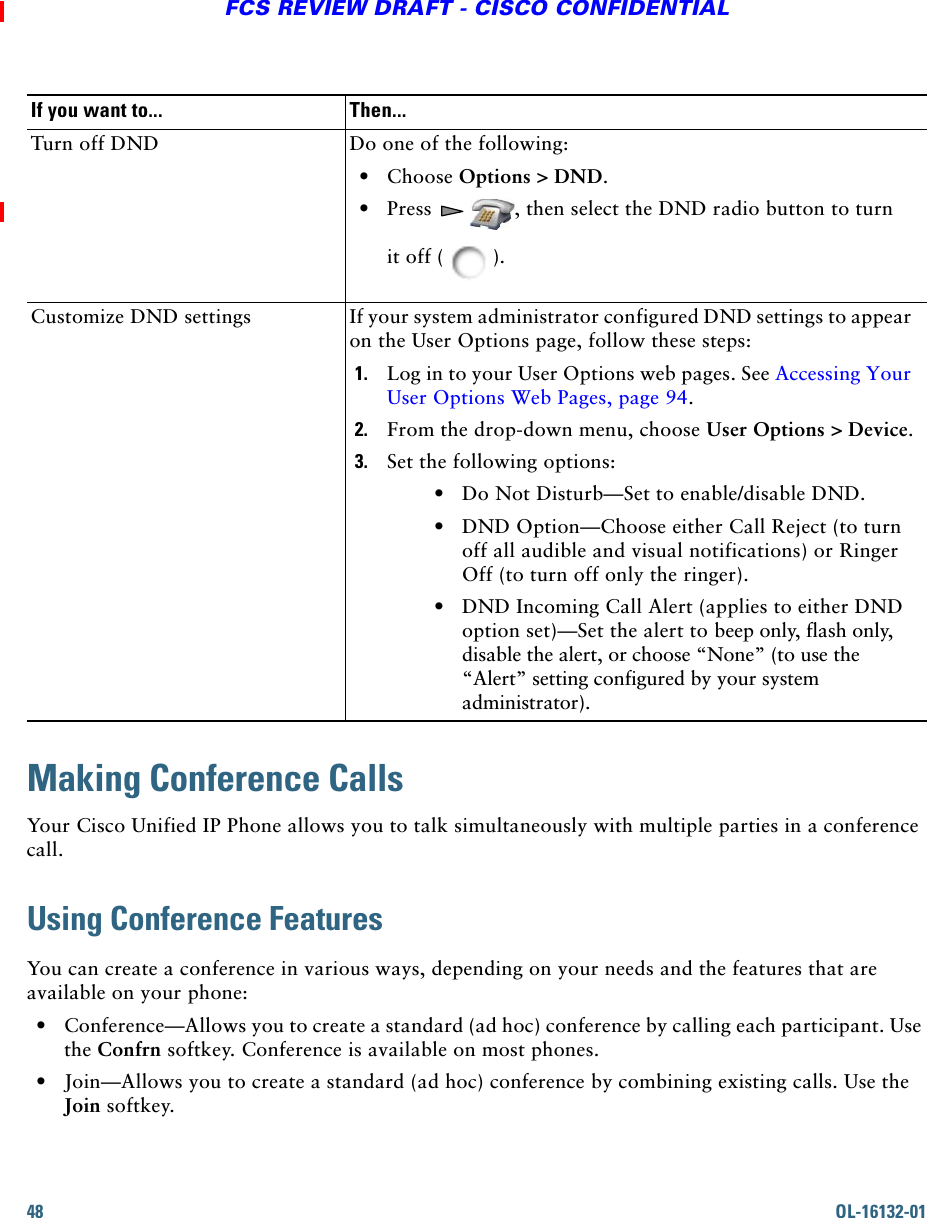 48 OL-16132-01FCS REVIEW DRAFT - CISCO CONFIDENTIALMaking Conference CallsYour Cisco Unified IP Phone allows you to talk simultaneously with multiple parties in a conference call.Using Conference FeaturesYou can create a conference in various ways, depending on your needs and the features that are available on your phone:  • Conference—Allows you to create a standard (ad hoc) conference by calling each participant. Use the Confrn softkey. Conference is available on most phones.  • Join—Allows you to create a standard (ad hoc) conference by combining existing calls. Use the Join softkey.Turn off DND Do one of the following:  • Choose Options &gt; DND.  • Press , then select the DND radio button to turnit off ( ).Customize DND settings If your system administrator configured DND settings to appear on the User Options page, follow these steps:1. Log in to your User Options web pages. See Accessing Your User Options Web Pages, page 94.2. From the drop-down menu, choose User Options &gt; Device.3. Set the following options:  • Do Not Disturb—Set to enable/disable DND.  • DND Option—Choose either Call Reject (to turn off all audible and visual notifications) or Ringer Off (to turn off only the ringer).  • DND Incoming Call Alert (applies to either DND option set)—Set the alert to beep only, flash only, disable the alert, or choose “None” (to use the “Alert” setting configured by your system administrator). If you want to... Then...