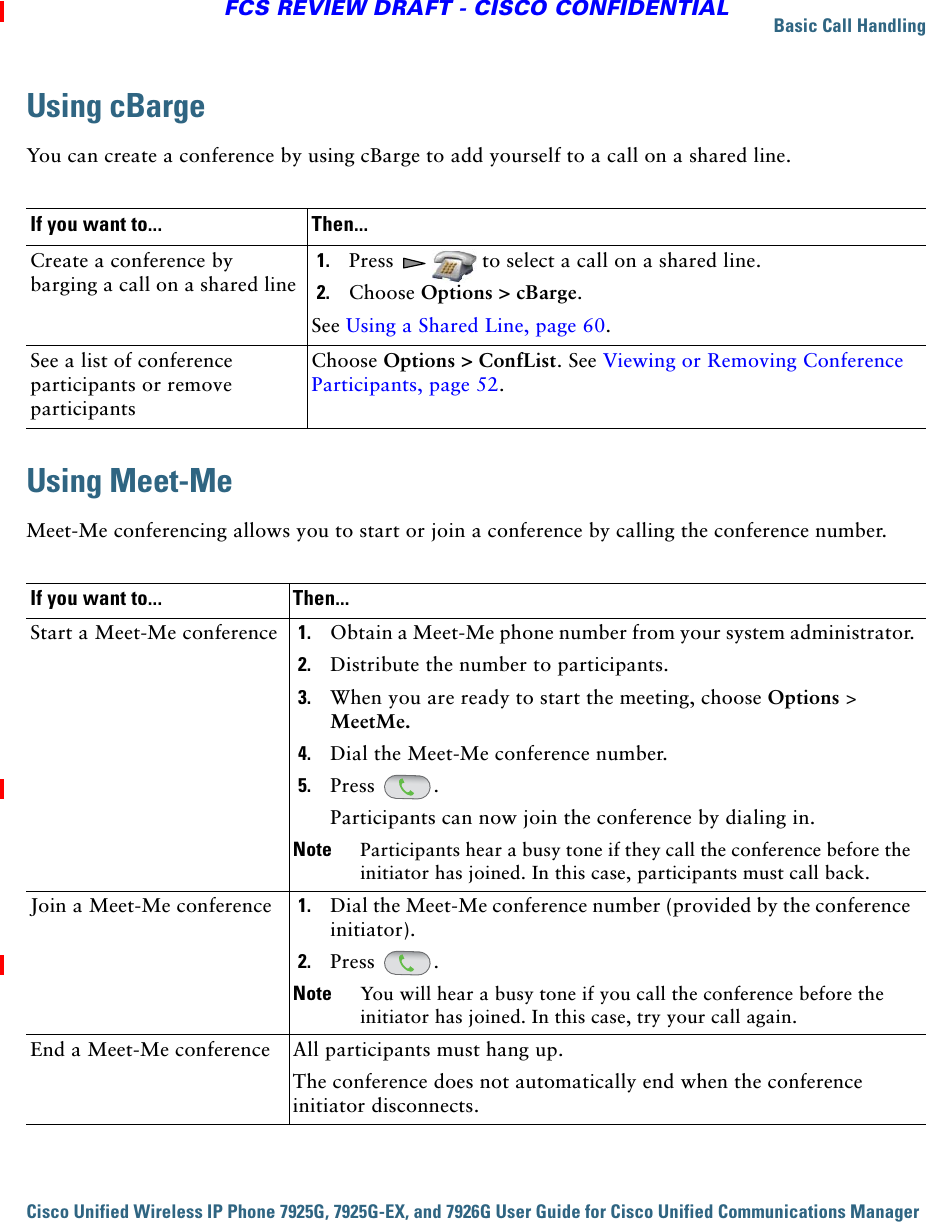 Basic Call HandlingCisco Unified Wireless IP Phone 7925G, 7925G-EX, and 7926G User Guide for Cisco Unified Communications Manager FCS REVIEW DRAFT - CISCO CONFIDENTIALUsing cBargeYou can create a conference by using cBarge to add yourself to a call on a shared line.Using Meet-MeMeet-Me conferencing allows you to start or join a conference by calling the conference number.If you want to... Then...Create a conference by barging a call on a shared line1. Press  to select a call on a shared line.2. Choose Options &gt; cBarge. See Using a Shared Line, page 60.See a list of conference participants or remove participantsChoose Options &gt; ConfList. See Viewing or Removing Conference Participants, page 52.If you want to... Then...Start a Meet-Me conference 1. Obtain a Meet-Me phone number from your system administrator.2. Distribute the number to participants.3. When you are ready to start the meeting, choose Options &gt; MeetMe.4. Dial the Meet-Me conference number.5. Press  . Participants can now join the conference by dialing in.Note Participants hear a busy tone if they call the conference before the initiator has joined. In this case, participants must call back.Join a Meet-Me conference 1. Dial the Meet-Me conference number (provided by the conference initiator). 2. Press  . Note You will hear a busy tone if you call the conference before the initiator has joined. In this case, try your call again.End a Meet-Me conference All participants must hang up.The conference does not automatically end when the conference initiator disconnects.