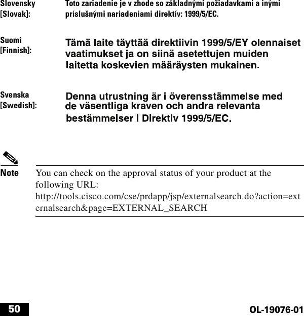  50OL-19076-01Note You can check on the approval status of your product at the following URL: http://tools.cisco.com/cse/prdapp/jsp/externalsearch.do?action=externalsearch&amp;page=EXTERNAL_SEARCHSlovensky [Slovak]: Toto zariadenie je v zhode so základnými požiadavkami a inými príslušnými nariadeniami direktív: 1999/5/EC. Suomi [Finnish]:Svenska [Swedish]: