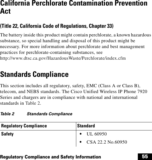  55Regulatory Compliance and Safety InformationCalifornia Perchlorate Contamination Prevention Act(Title 22, California Code of Regulations, Chapter 33)The battery inside this product might contain perchlorate, a known hazardous substance, so special handling and disposal of this product might be necessary. For more information about perchlorate and best management practices for perchlorate-containing substances, see http://www.dtsc.ca.gov/HazardousWaste/Perchlorate/index.cfmStandards ComplianceThis section includes all regulatory, safety, EMC (Class A or Class B), telecom, and NEBS standards. The Cisco Unified Wireless IP Phone 7920 Series and chargers are in compliance with national and international standards in Table 2.Ta b l e  2 Standards Compliance Regulatory Compliance StandardSafety   • UL 60950   • CSA 22.2 No.60950