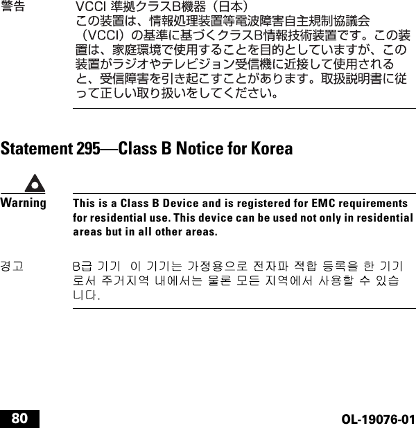  80OL-19076-01Statement 295—Class B Notice for KoreaWarningThis is a Class B Device and is registered for EMC requirements for residential use. This device can be used not only in residential areas but in all other areas.