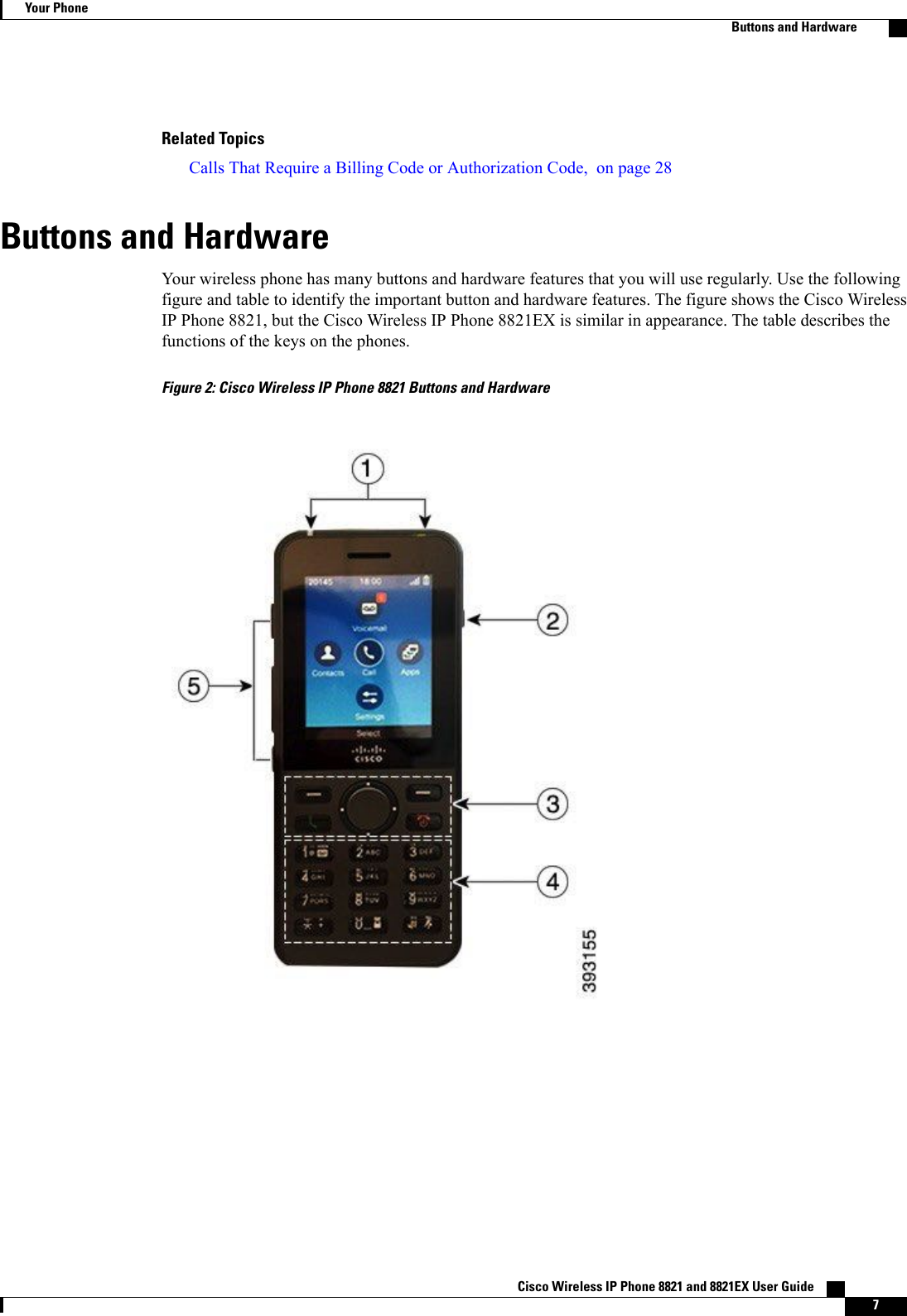 Related TopicsCalls That Require a Billing Code or Authorization Code, on page 28Buttons and HardwareYour wireless phone has many buttons and hardware features that you will use regularly. Use the followingfigure and table to identify the important button and hardware features. The figure shows the Cisco WirelessIP Phone 8821, but the Cisco Wireless IP Phone 8821EX is similar in appearance. The table describes thefunctions of the keys on the phones.Figure 2: Cisco Wireless IP Phone 8821 Buttons and HardwareCisco Wireless IP Phone 8821 and 8821EX User Guide    7Your PhoneButtons and Hardware