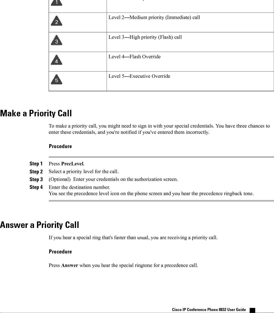 •Use call pickup to answer the call.Table 1: Multilevel Precedence and Preemption Priority LevelsPriority LevelMLPP iconLevel 1—Priority callLevel 2—Medium priority (Immediate) callLevel 3—High priority (Flash) callLevel 4—Flash OverrideLevel 5—Executive OverrideMake a Priority CallTo make a priority call, you might need to sign in with your special credentials. You have three chances toenter these credentials, and you&apos;re notified if you&apos;ve entered them incorrectly.ProcedureStep 1 Press PrecLevel.Step 2 Select a priority level for the call.Step 3 (Optional) Enter your credentials on the authorization screen.Step 4 Enter the destination number.You see the precedence level icon on the phone screen and you hear the precedence ringback tone.Answer a Priority CallIf you hear a special ring that&apos;s faster than usual, you are receiving a priority call.ProcedurePress Answer when you hear the special ringtone for a precedence call.Cisco IP Conference Phone 8832 User Guide    25CallsMake a Priority CallREVIEW DRAFT - CISCO CONFIDENTIAL