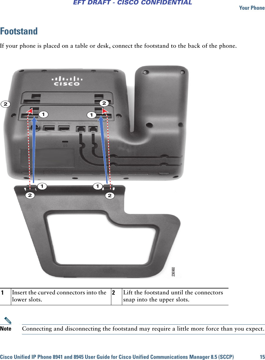 Your PhoneCisco Unified IP Phone 8941 and 8945 User Guide for Cisco Unified Communications Manager 8.5 (SCCP) 15EFT DRAFT - CISCO CONFIDENTIALFootstandIf your phone is placed on a table or desk, connect the footstand to the back of the phone.Note Connecting and disconnecting the footstand may require a little more force than you expect.1Insert the curved connectors into the lower slots.2Lift the footstand until the connectors snap into the upper slots.23696011222211