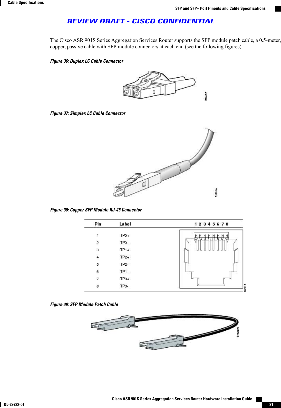 The Cisco ASR 901S Series Aggregation Services Router supports the SFP module patch cable, a 0.5-meter,copper, passive cable with SFP module connectors at each end (see the following figures).Figure 36: Duplex LC Cable ConnectorFigure 37: Simplex LC Cable ConnectorFigure 38: Copper SFP Module RJ-45 ConnectorFigure 39: SFP Module Patch CableCisco ASR 901S Series Aggregation Services Router Hardware Installation Guide       OL-29732-01 81Cable SpecificationsSFP and SFP+ Port Pinouts and Cable SpecificationsREVIEW DRAFT - CISCO CONFIDENTIAL