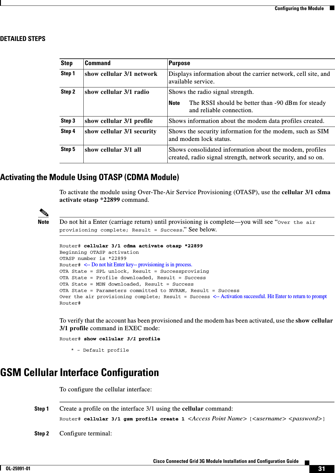 31Cisco Connected Grid 3G Module Installation and Configuration GuideOL-25991-01  Configuring the ModuleDETAILED STEPSActivating the Module Using OTASP (CDMA Module)To activate the module using Over-The-Air Service Provisioning (OTASP), use the cellular 3/1 cdma activate otasp *22899 command.Note Do not hit a Enter (carriage return) until provisioning is complete—you will see “Over the air provisioning complete; Result = Success.” See below.Router# cellular 3/1 cdma activate otasp *22899Beginning OTASP activationOTASP number is *22899Router# &lt;-- Do not hit Enter key-- provisioning is in process. OTA State = SPL unlock, Result = SuccessprovisingOTA State = Profile downloaded, Result = SuccessOTA State = MDN downloaded, Result = SuccessOTA State = Parameters committed to NVRAM, Result = SuccessOver the air provisioning complete; Result = Success &lt;-- Activation successful. Hit Enter to return to promptRouter#To verify that the account has been provisioned and the modem has been activated, use the show cellular 3/1 profile command in EXEC mode:Router# show cellular 3/1 profile* - Default profileGSM Cellular Interface ConfigurationTo configure the cellular interface:Step 1 Create a profile on the interface 3/1 using the cellular command:Router# cellular 3/1 gsm profile create 1 &lt;Access Point Name&gt; [&lt;username&gt; &lt;password&gt;]Step 2 Configure terminal:Step Command PurposeStep 1 show cellular 3/1 network Displays information about the carrier network, cell site, and available service.Step 2 show cellular 3/1 radio Shows the radio signal strength.Note The RSSI should be better than -90 dBm for steady and reliable connection.Step 3 show cellular 3/1 profile Shows information about the modem data profiles created.Step 4 show cellular 3/1 security Shows the security information for the modem, such as SIM and modem lock status.Step 5 show cellular 3/1 all Shows consolidated information about the modem, profiles created, radio signal strength, network security, and so on.