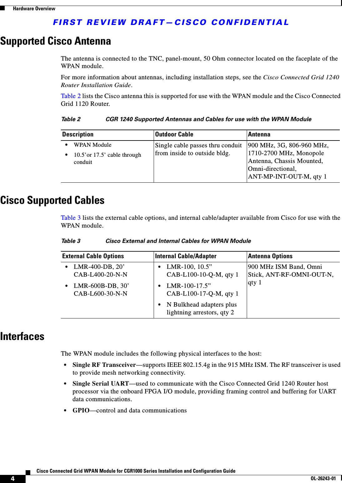 FIRST REVIEW DRAFT—CISCO CONFIDENTIAL4Cisco Connected Grid WPAN Module for CGR1000 Series Installation and Configuration GuideOL-26243-01  Hardware OverviewSupported Cisco AntennaThe antenna is connected to the TNC, panel-mount, 50 Ohm connector located on the faceplate of the WPAN module. For more information about antennas, including installation steps, see the Cisco Connected Grid 1240 Router Installation Guide.Table 2 lists the Cisco antenna this is supported for use with the WPAN module and the Cisco Connected Grid 1120 Router.Cisco Supported CablesTable 3 lists the external cable options, and internal cable/adapter available from Cisco for use with the WPAN module.InterfacesThe WPAN module includes the following physical interfaces to the host: • Single RF Transceiver—supports IEEE 802.15.4g in the 915 MHz ISM. The RF transceiver is used to provide mesh networking connectivity. • Single Serial UART—used to communicate with the Cisco Connected Grid 1240 Router host processor via the onboard FPGA I/O module, providing framing control and buffering for UART data communications.  • GPIO—control and data communicationsTa b l e  2 CGR 1240 Supported Antennas and Cables for use with the WPAN ModuleDescription Outdoor Cable Antenna • WPAN Module  • 10.5’or 17.5’ cable through conduitSingle cable passes thru conduit from inside to outside bldg. 900 MHz, 3G, 806-960 MHz, 1710-2700 MHz, Monopole Antenna, Chassis Mounted, Omni-directional, ANT-MP-INT-OUT-M, qty 1Table 3 Cisco External and Internal Cables for WPAN ModuleExternal Cable Options Internal Cable/Adapter Antenna Options  • LMR-400-DB, 20’ CAB-L400-20-N-N  • LMR-600B-DB, 30’ CAB-L600-30-N-N  • LMR-100, 10.5” CAB-L100-10-Q-M, qty 1  • LMR-100-17.5” CAB-L100-17-Q-M, qty 1  • N Bulkhead adapters plus lightning arrestors, qty 2900 MHz ISM Band, Omni Stick, ANT-RF-OMNI-OUT-N, qty 1
