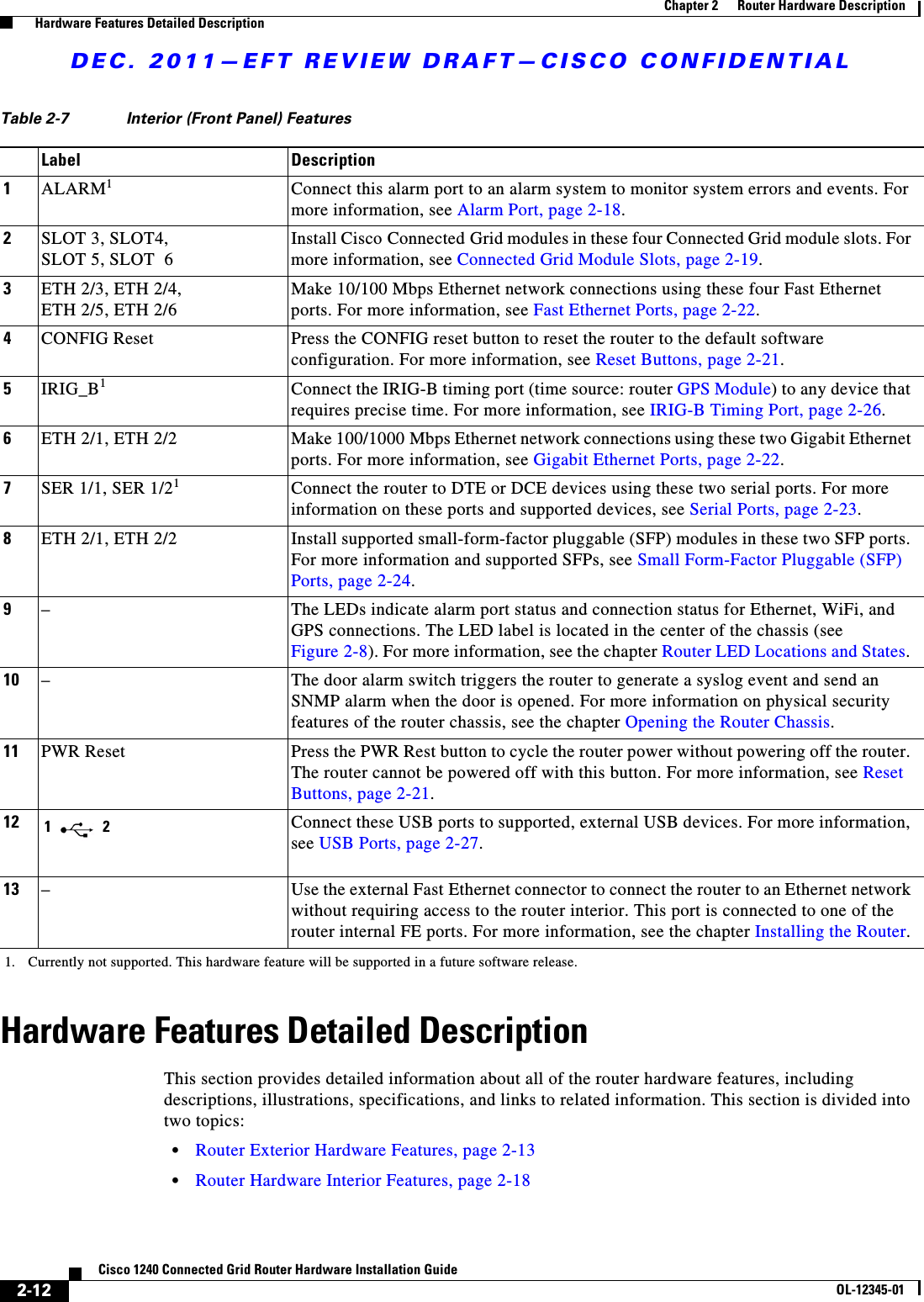 DEC. 2011—EFT REVIEW DRAFT—CISCO CONFIDENTIAL2-12Cisco 1240 Connected Grid Router Hardware Installation GuideOL-12345-01Chapter 2      Router Hardware Description  Hardware Features Detailed DescriptionHardware Features Detailed DescriptionThis section provides detailed information about all of the router hardware features, including descriptions, illustrations, specifications, and links to related information. This section is divided into two topics:  • Router Exterior Hardware Features, page 2-13  • Router Hardware Interior Features, page 2-18Table 2-7 Interior (Front Panel) FeaturesLabel Description1ALARM11. Currently not supported. This hardware feature will be supported in a future software release.Connect this alarm port to an alarm system to monitor system errors and events. For more information, see Alarm Port, page 2-18. 2SLOT 3, SLOT4,  SLOT 5, SLOT  6Install Cisco Connected Grid modules in these four Connected Grid module slots. For more information, see Connected Grid Module Slots, page 2-19.3ETH 2/3, ETH 2/4,  ETH 2/5, ETH 2/6Make 10/100 Mbps Ethernet network connections using these four Fast Ethernet ports. For more information, see Fast Ethernet Ports, page 2-22.4CONFIG Reset Press the CONFIG reset button to reset the router to the default software configuration. For more information, see Reset Buttons, page 2-21.5IRIG_B1Connect the IRIG-B timing port (time source: router GPS Module) to any device that requires precise time. For more information, see IRIG-B Timing Port, page 2-26.6ETH 2/1, ETH 2/2 Make 100/1000 Mbps Ethernet network connections using these two Gigabit Ethernet ports. For more information, see Gigabit Ethernet Ports, page 2-22.7SER 1/1, SER 1/21Connect the router to DTE or DCE devices using these two serial ports. For more information on these ports and supported devices, see Serial Ports, page 2-23.8ETH 2/1, ETH 2/2 Install supported small-form-factor pluggable (SFP) modules in these two SFP ports. For more information and supported SFPs, see Small Form-Factor Pluggable (SFP) Ports, page 2-24. 9–The LEDs indicate alarm port status and connection status for Ethernet, WiFi, and GPS connections. The LED label is located in the center of the chassis (see Figure 2-8). For more information, see the chapter Router LED Locations and States. 10 –The door alarm switch triggers the router to generate a syslog event and send an SNMP alarm when the door is opened. For more information on physical security features of the router chassis, see the chapter Opening the Router Chassis.11 PWR Reset Press the PWR Rest button to cycle the router power without powering off the router. The router cannot be powered off with this button. For more information, see Reset Buttons, page 2-21.12 Connect these USB ports to supported, external USB devices. For more information, see USB Ports, page 2-27.13 –Use the external Fast Ethernet connector to connect the router to an Ethernet network without requiring access to the router interior. This port is connected to one of the router internal FE ports. For more information, see the chapter Installing the Router.1 2