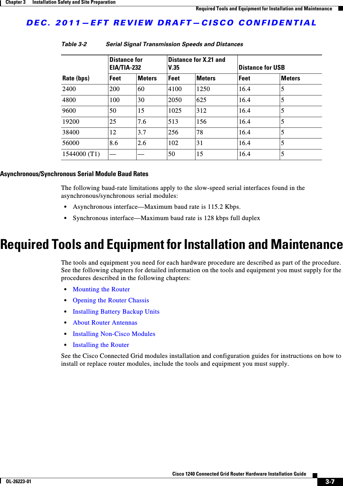 DEC. 2011—EFT REVIEW DRAFT—CISCO CONFIDENTIAL3-7Cisco 1240 Connected Grid Router Hardware Installation GuideOL-26223-01Chapter 3      Installation Safety and Site Preparation  Required Tools and Equipment for Installation and MaintenanceAsynchronous/Synchronous Serial Module Baud RatesThe following baud-rate limitations apply to the slow-speed serial interfaces found in the asynchronous/synchronous serial modules:  • Asynchronous interface—Maximum baud rate is 115.2 Kbps.  • Synchronous interface—Maximum baud rate is 128 kbps full duplexRequired Tools and Equipment for Installation and MaintenanceThe tools and equipment you need for each hardware procedure are described as part of the procedure. See the following chapters for detailed information on the tools and equipment you must supply for the procedures described in the following chapters:  • Mounting the Router  • Opening the Router Chassis  • Installing Battery Backup Units  • About Router Antennas  • Installing Non-Cisco Modules  • Installing the RouterSee the Cisco Connected Grid modules installation and configuration guides for instructions on how to install or replace router modules, include the tools and equipment you must supply.Table 3-2 Serial Signal Transmission Speeds and Distances Distance for EIA/TIA-232 Distance for X.21 and V.35 Distance for USBRate (bps) Feet Meters Feet Meters Feet Meters2400 200 60 4100 1250 16.4 54800 100 30 2050 625 16.4 59600 50 15 1025 312 16.4 519200 25 7.6 513 156 16.4 538400 12 3.7 256 78 16.4 556000 8.6 2.6 102 31 16.4 51544000 (T1) — — 50 15 16.4 5
