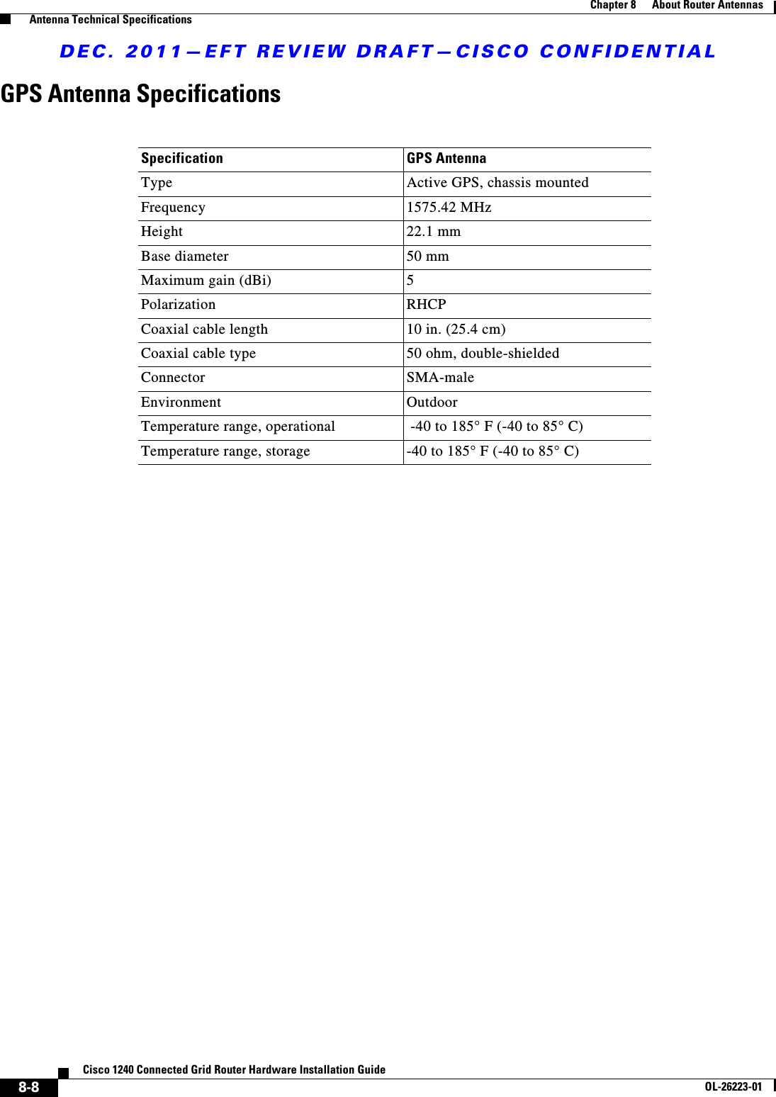 DEC. 2011—EFT REVIEW DRAFT—CISCO CONFIDENTIAL8-8Cisco 1240 Connected Grid Router Hardware Installation GuideOL-26223-01Chapter 8      About Router Antennas  Antenna Technical SpecificationsGPS Antenna SpecificationsSpecification GPS AntennaType Active GPS, chassis mountedFrequency 1575.42 MHzHeight 22.1 mmBase diameter 50 mmMaximum gain (dBi) 5Polarization RHCPCoaxial cable length 10 in. (25.4 cm)Coaxial cable type 50 ohm, double-shieldedConnector SMA-maleEnvironment OutdoorTemperature range, operational  -40 to 185° F (-40 to 85° C)Temperature range, storage  -40 to 185° F (-40 to 85° C)