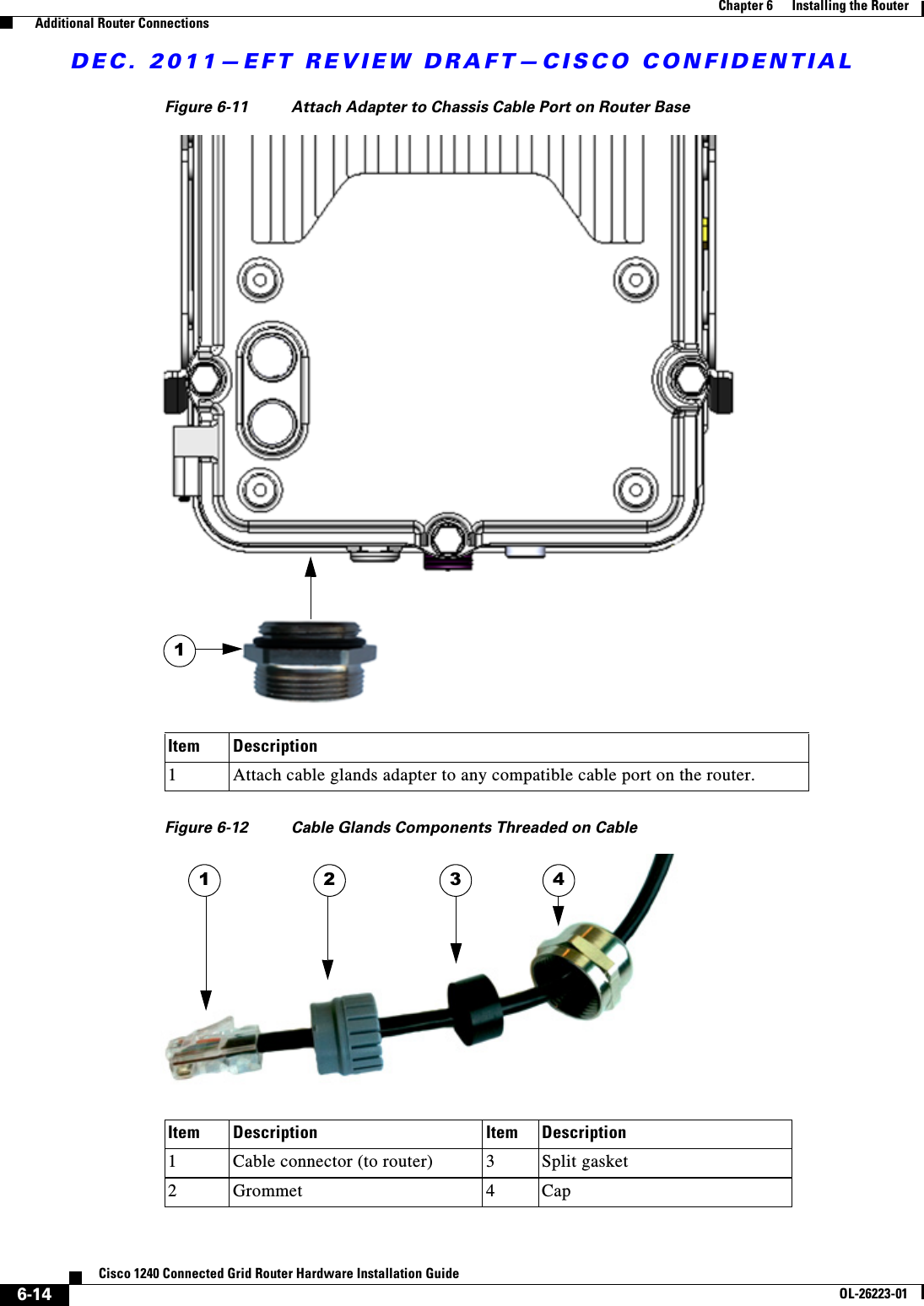 DEC. 2011—EFT REVIEW DRAFT—CISCO CONFIDENTIAL6-14Cisco 1240 Connected Grid Router Hardware Installation GuideOL-26223-01Chapter 6      Installing the Router  Additional Router ConnectionsFigure 6-11 Attach Adapter to Chassis Cable Port on Router BaseFigure 6-12 Cable Glands Components Threaded on CableItem Description1Attach cable glands adapter to any compatible cable port on the router.1Item Description Item Description1Cable connector (to router) 3Split gasket2Grommet 4Cap1 2 3 4