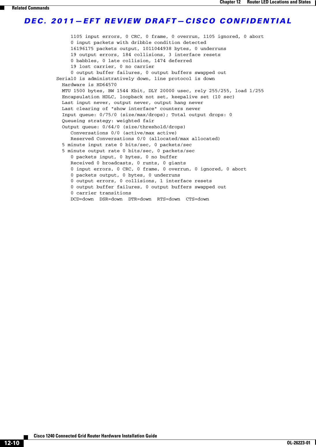 DEC. 2011—EFT REVIEW DRAFT—CISCO CONFIDENTIAL12-10Cisco 1240 Connected Grid Router Hardware Installation GuideOL-26223-01Chapter 12      Router LED Locations and States  Related Commands     1105 input errors, 0 CRC, 0 frame, 0 overrun, 1105 ignored, 0 abort     0 input packets with dribble condition detected     16196175 packets output, 1011044938 bytes, 0 underruns     19 output errors, 184 collisions, 3 interface resets     0 babbles, 0 late collision, 1474 deferred     19 lost carrier, 0 no carrier     0 output buffer failures, 0 output buffers swapped outSerial0 is administratively down, line protocol is down  Hardware is HD64570  MTU 1500 bytes, BW 1544 Kbit, DLY 20000 usec, rely 255/255, load 1/255  Encapsulation HDLC, loopback not set, keepalive set (10 sec)  Last input never, output never, output hang never  Last clearing of &quot;show interface&quot; counters never  Input queue: 0/75/0 (size/max/drops); Total output drops: 0  Queueing strategy: weighted fair  Output queue: 0/64/0 (size/threshold/drops)     Conversations 0/0 (active/max active)     Reserved Conversations 0/0 (allocated/max allocated)  5 minute input rate 0 bits/sec, 0 packets/sec  5 minute output rate 0 bits/sec, 0 packets/sec     0 packets input, 0 bytes, 0 no buffer     Received 0 broadcasts, 0 runts, 0 giants     0 input errors, 0 CRC, 0 frame, 0 overrun, 0 ignored, 0 abort     0 packets output, 0 bytes, 0 underruns     0 output errors, 0 collisions, 1 interface resets     0 output buffer failures, 0 output buffers swapped out     0 carrier transitions     DCD=down  DSR=down  DTR=down  RTS=down  CTS=down