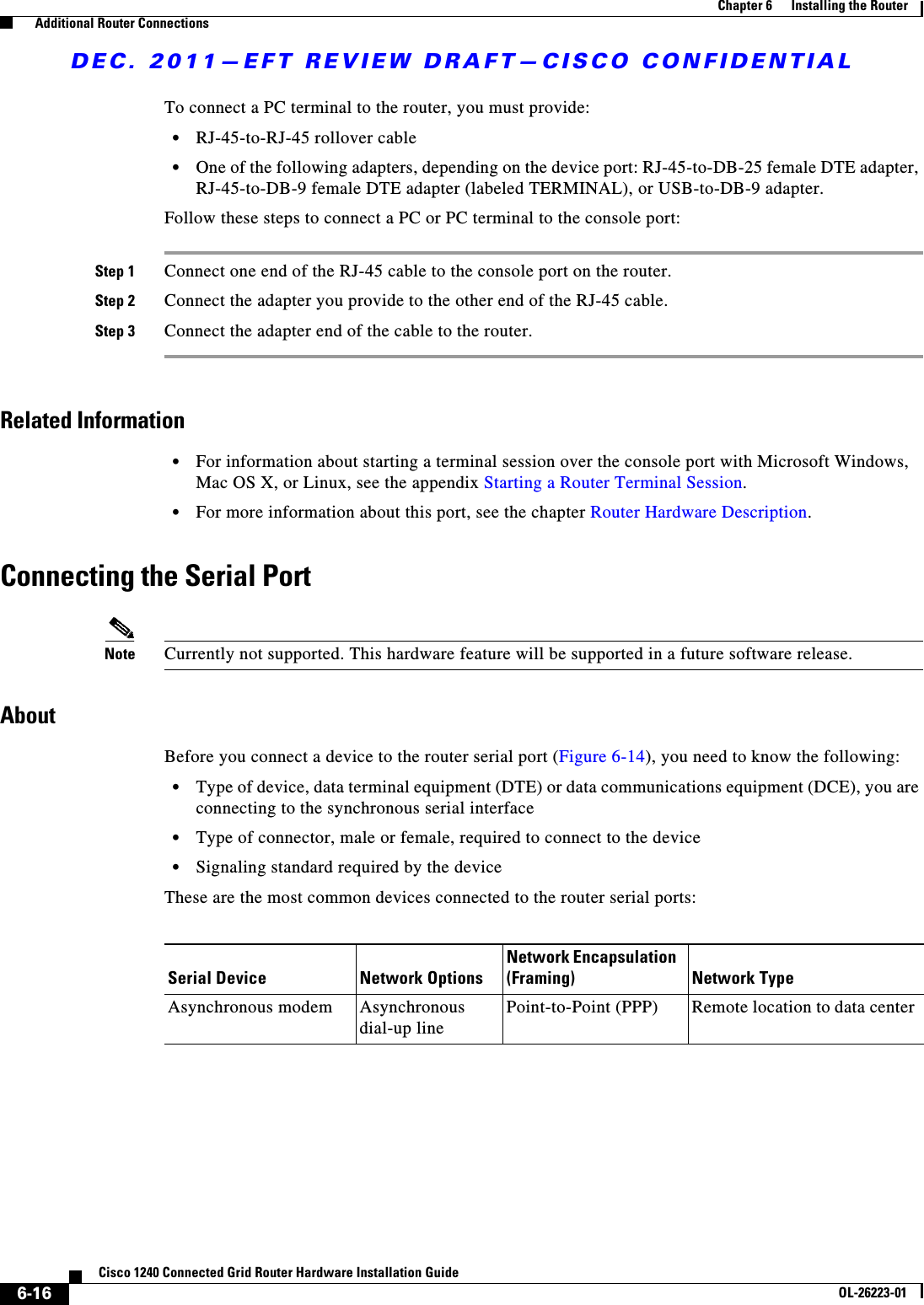 DEC. 2011—EFT REVIEW DRAFT—CISCO CONFIDENTIAL6-16Cisco 1240 Connected Grid Router Hardware Installation GuideOL-26223-01Chapter 6      Installing the Router  Additional Router ConnectionsTo connect a PC terminal to the router, you must provide:  • RJ-45-to-RJ-45 rollover cable  • One of the following adapters, depending on the device port: RJ-45-to-DB-25 female DTE adapter, RJ-45-to-DB-9 female DTE adapter (labeled TERMINAL), or USB-to-DB-9 adapter.Follow these steps to connect a PC or PC terminal to the console port:Step 1 Connect one end of the RJ-45 cable to the console port on the router.Step 2 Connect the adapter you provide to the other end of the RJ-45 cable.Step 3 Connect the adapter end of the cable to the router.Related Information  • For information about starting a terminal session over the console port with Microsoft Windows, Mac OS X, or Linux, see the appendix Starting a Router Terminal Session.  • For more information about this port, see the chapter Router Hardware Description.Connecting the Serial PortNote Currently not supported. This hardware feature will be supported in a future software release.AboutBefore you connect a device to the router serial port (Figure 6-14), you need to know the following:  • Type of device, data terminal equipment (DTE) or data communications equipment (DCE), you are connecting to the synchronous serial interface  • Type of connector, male or female, required to connect to the device  • Signaling standard required by the deviceThese are the most common devices connected to the router serial ports:Serial Device Network OptionsNetwork Encapsulation (Framing) Network TypeAsynchronous modem Asynchronous dial-up linePoint-to-Point (PPP) Remote location to data center