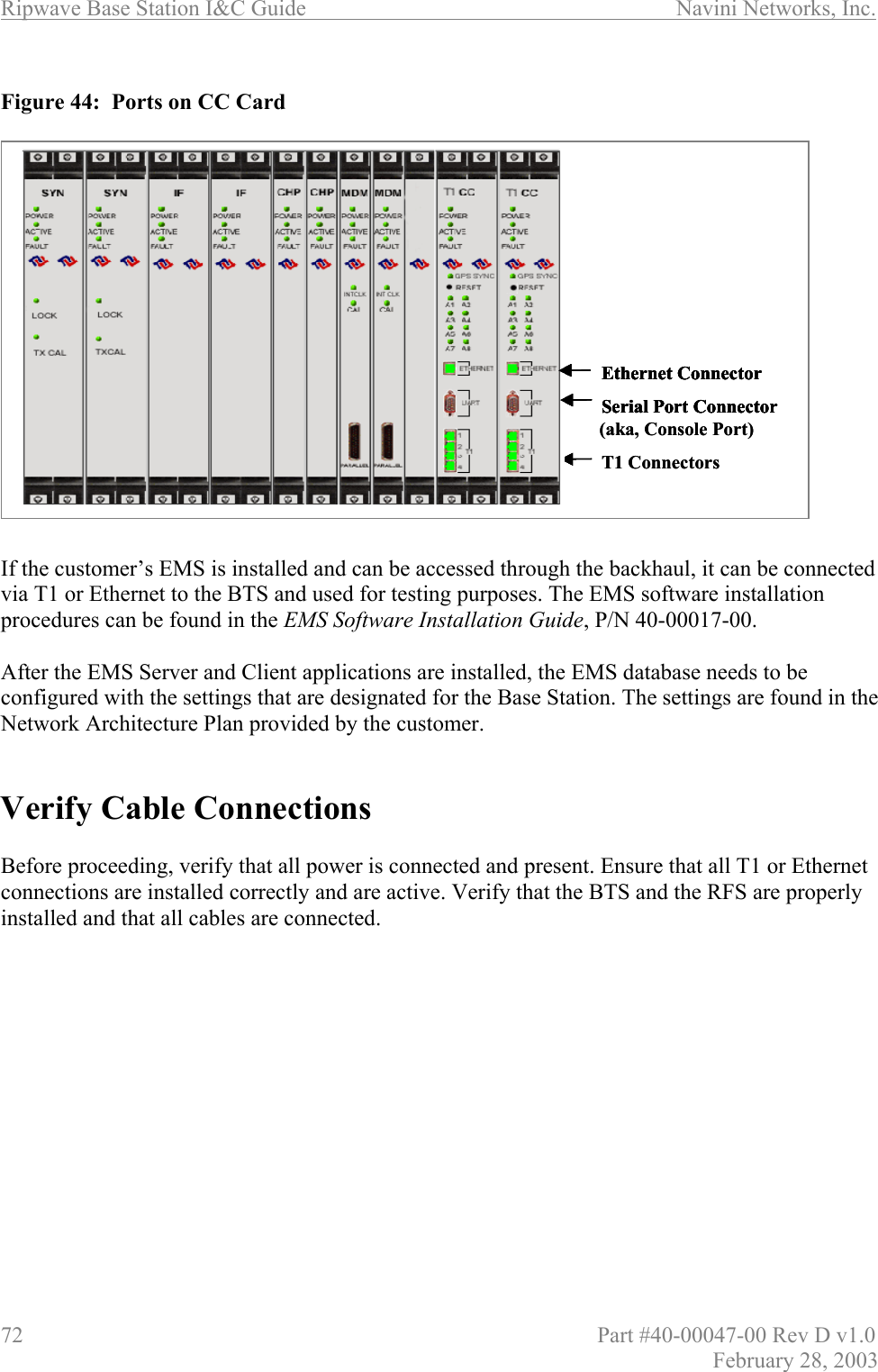 Ripwave Base Station I&amp;C Guide                      Navini Networks, Inc. 72                          Part #40-00047-00 Rev D v1.0 February 28, 2003  Figure 44:  Ports on CC Card                  If the customer’s EMS is installed and can be accessed through the backhaul, it can be connected via T1 or Ethernet to the BTS and used for testing purposes. The EMS software installation procedures can be found in the EMS Software Installation Guide, P/N 40-00017-00.  After the EMS Server and Client applications are installed, the EMS database needs to be configured with the settings that are designated for the Base Station. The settings are found in the Network Architecture Plan provided by the customer.    Verify Cable Connections  Before proceeding, verify that all power is connected and present. Ensure that all T1 or Ethernet connections are installed correctly and are active. Verify that the BTS and the RFS are properly installed and that all cables are connected.  Ethernet ConnectorT1 ConnectorsSerial Port ConnectorEthernet ConnectorSerial Port Connector(aka, Console Port)Ethernet ConnectorT1 ConnectorsSerial Port ConnectorEthernet ConnectorSerial Port Connector(aka, Console Port)