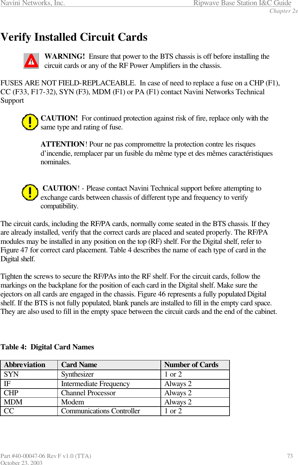 Navini Networks, Inc.                      Ripwave Base Station I&amp;C Guide Chapter 2e Part #40-00047-06 Rev F v1.0 (TTA)                             73 October 23, 2003  Verify Installed Circuit Cards  WARNING!  Ensure that power to the BTS chassis is off before installing the circuit cards or any of the RF Power Amplifiers in the chassis.  FUSES ARE NOT FIELD-REPLACEABLE.  In case of need to replace a fuse on a CHP (F1), CC (F33, F17-32), SYN (F3), MDM (F1) or PA (F1) contact Navini Networks Technical Support   CAUTION!  For continued protection against risk of fire, replace only with the same type and rating of fuse.  ATTENTION! Pour ne pas compromettre la protection contre les risques d’incendie, remplacer par un fusible du même type et des mêmes caractéristiques nominales.    CAUTION! - Please contact Navini Technical support before attempting to exchange cards between chassis of different type and frequency to verify compatibility.  The circuit cards, including the RF/PA cards, normally come seated in the BTS chassis. If they are already installed, verify that the correct cards are placed and seated properly. The RF/PA modules may be installed in any position on the top (RF) shelf. For the Digital shelf, refer to Figure 47 for correct card placement. Table 4 describes the name of each type of card in the Digital shelf.  Tighten the screws to secure the RF/PAs into the RF shelf. For the circuit cards, follow the markings on the backplane for the position of each card in the Digital shelf. Make sure the ejectors on all cards are engaged in the chassis. Figure 46 represents a fully populated Digital shelf. If the BTS is not fully populated, blank panels are installed to fill in the empty card space. They are also used to fill in the empty space between the circuit cards and the end of the cabinet.    Table 4:  Digital Card Names  Abbreviation Card Name Number of Cards SYN Synthesizer  1 or 2 IF Intermediate Frequency Always 2 CHP Channel Processor Always 2 MDM Modem  Always 2 CC Communications Controller 1 or 2      
