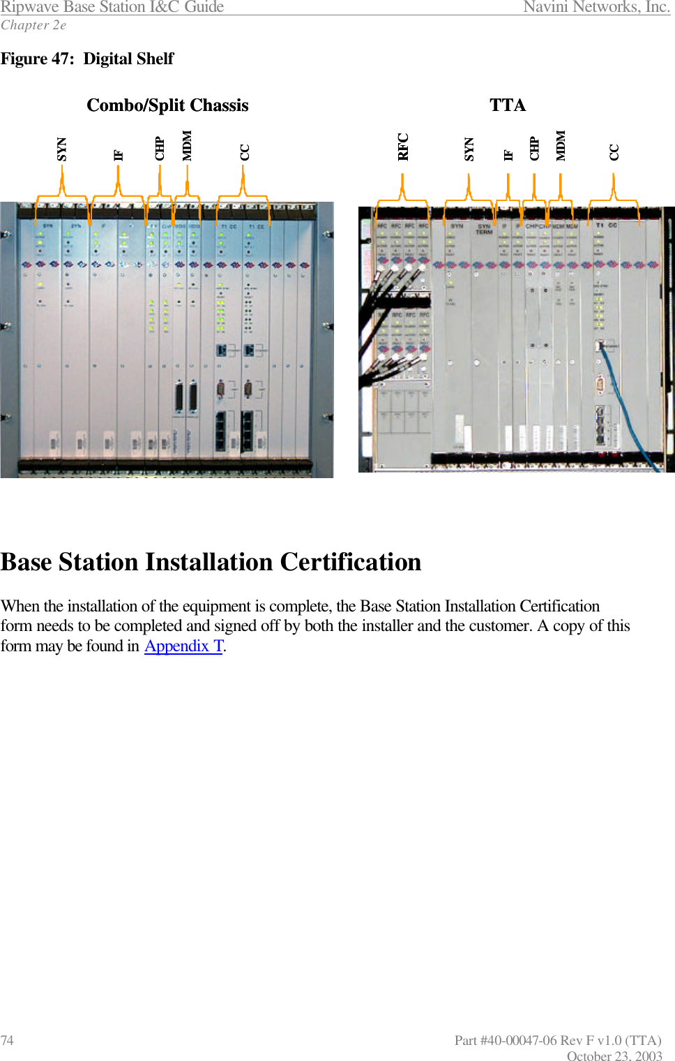 Ripwave Base Station I&amp;C Guide                 Navini Networks, Inc. Chapter 2e 74                   Part #40-00047-06 Rev F v1.0 (TTA)         October 23, 2003 Figure 47:  Digital Shelf    Base Station Installation Certification  When the installation of the equipment is complete, the Base Station Installation Certification form needs to be completed and signed off by both the installer and the customer. A copy of this form may be found in Appendix T.   SYNIFCHPMDMCCCombo/Split ChassisSYNIFCHPMDMCCRFCTTASYNIFCHPMDMCCCombo/Split ChassisSYNIFCHPMDMCCRFCTTA