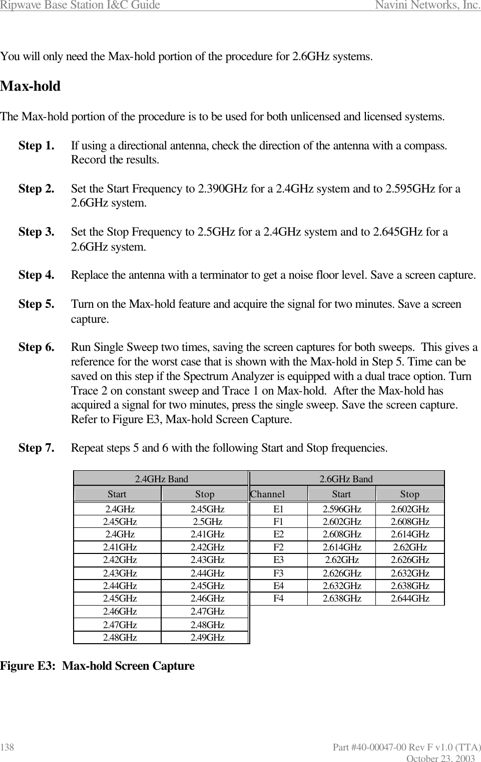 Ripwave Base Station I&amp;C Guide                 Navini Networks, Inc. 138                      Part #40-00047-00 Rev F v1.0 (TTA) October 23, 2003  You will only need the Max-hold portion of the procedure for 2.6GHz systems.  Max-hold  The Max-hold portion of the procedure is to be used for both unlicensed and licensed systems.  Step 1. If using a directional antenna, check the direction of the antenna with a compass. Record the results.  Step 2. Set the Start Frequency to 2.390GHz for a 2.4GHz system and to 2.595GHz for a 2.6GHz system.   Step 3. Set the Stop Frequency to 2.5GHz for a 2.4GHz system and to 2.645GHz for a 2.6GHz system.  Step 4. Replace the antenna with a terminator to get a noise floor level. Save a screen capture.  Step 5. Turn on the Max-hold feature and acquire the signal for two minutes. Save a screen capture.  Step 6. Run Single Sweep two times, saving the screen captures for both sweeps.  This gives a reference for the worst case that is shown with the Max-hold in Step 5. Time can be saved on this step if the Spectrum Analyzer is equipped with a dual trace option. Turn Trace 2 on constant sweep and Trace 1 on Max-hold.  After the Max-hold has acquired a signal for two minutes, press the single sweep. Save the screen capture. Refer to Figure E3, Max-hold Screen Capture.  Step 7. Repeat steps 5 and 6 with the following Start and Stop frequencies.  2.4GHz Band 2.6GHz Band Start Stop Channel Start Stop   2.4GHz   2.45GHz E1 2.596GHz 2.602GHz   2.45GHz   2.5GHz F1 2.602GHz 2.608GHz   2.4GHz   2.41GHz E2 2.608GHz 2.614GHz   2.41GHz   2.42GHz F2 2.614GHz 2.62GHz   2.42GHz   2.43GHz E3 2.62GHz 2.626GHz   2.43GHz   2.44GHz F3 2.626GHz 2.632GHz   2.44GHz   2.45GHz E4 2.632GHz 2.638GHz   2.45GHz   2.46GHz F4 2.638GHz 2.644GHz   2.46GHz   2.47GHz         2.47GHz   2.48GHz         2.48GHz   2.49GHz        Figure E3:  Max-hold Screen Capture  