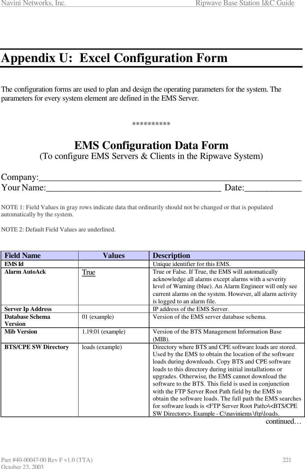 Navini Networks, Inc.                      Ripwave Base Station I&amp;C Guide Part #40-00047-00 Rev F v1.0 (TTA)            221 October 23, 2003    Appendix U:  Excel Configuration Form   The configuration forms are used to plan and design the operating parameters for the system. The parameters for every system element are defined in the EMS Server.   **********  EMS Configuration Data Form (To configure EMS Servers &amp; Clients in the Ripwave System)  Company:__________________________________________________________ Your Name:______________________________________  Date:_____________  NOTE 1: Field Values in gray rows indicate data that ordinarily should not be changed or that is populated automatically by the system.  NOTE 2: Default Field Values are underlined.   Field Name Values Description EMS Id  Unique identifier for this EMS. Alarm AutoAck True True or False. If True, the EMS will automatically acknowledge all alarms except alarms with a severity level of Warning (blue). An Alarm Engineer will only see current alarms on the system. However, all alarm activity is logged to an alarm file. Server Ip Address  IP address of the EMS Server. Database Schema Version 01 (example) Version of the EMS server database schema. Mib Version 1.19.01 (example) Version of the BTS Management Information Base (MIB). BTS/CPE SW Directory loads (example) Directory where BTS and CPE software loads are stored. Used by the EMS to obtain the location of the software loads during downloads. Copy BTS and CPE software loads to this directory during initial installations or upgrades. Otherwise, the EMS cannot download the software to the BTS. This field is used in conjunction with the FTP Server Root Path field by the EMS to obtain the software loads. The full path the EMS searches for software loads is &lt;FTP Server Root Path&gt;\&lt;BTS/CPE SW Directory&gt;. Example - C:\naviniems \ftp\loads. continued… 
