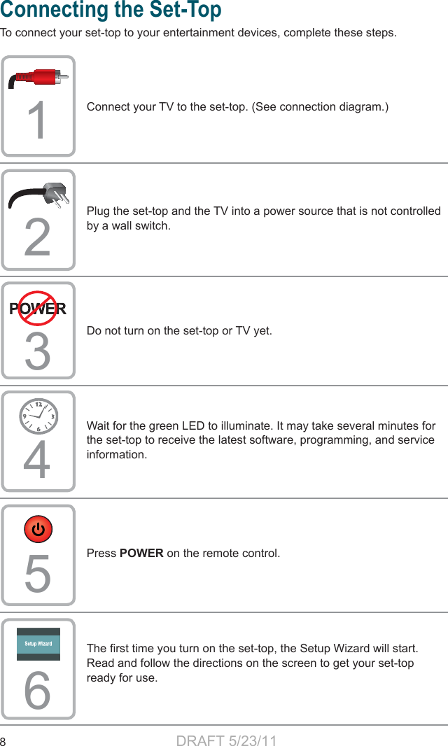 8Connect your TV to the set-top. (See connection diagram.)1Plug the set-top and the TV into a power source that is not controlled by a wall switch.Do not turn on the set-top or TV yet.3Wait for the green LED to illuminate. It may take several minutes for the set-top to receive the latest software, programming, and service information. Press POWER on the remote control.4The ﬁ rst time you turn on the set-top, the Setup Wizard will start. Read and follow the directions on the screen to get your set-top ready for use.652Connecting the Set-TopTo connect your set-top to your entertainment devices, complete these steps.DRAFT 5/23/11