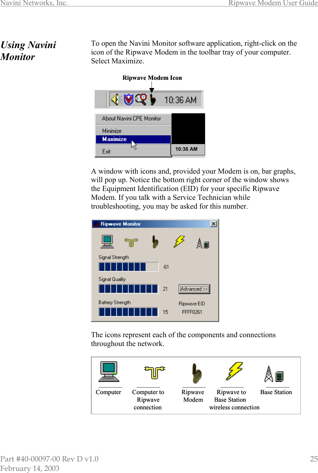 Navini Networks, Inc.        Ripwave Modem User Guide Part #40-00097-00 Rev D v1.0                         25 February 14, 2003  Using Navini Monitor                                             To open the Navini Monitor software application, right-click on the icon of the Ripwave Modem in the toolbar tray of your computer. Select Maximize.    A window with icons and, provided your Modem is on, bar graphs, will pop up. Notice the bottom right corner of the window shows the Equipment Identification (EID) for your specific Ripwave Modem. If you talk with a Service Technician while troubleshooting, you may be asked for this number.   The icons represent each of the components and connections throughout the network.      Ripwave Modem Icon 10:36 AMRipwave Modem Icon 10:36 AMComputer       Computer to           Ripwave        Ripwave to   Base StationRipwave               Modem       Base Stationconnection                              wireless connection Computer       Computer to           Ripwave        Ripwave to   Base StationRipwave               Modem       Base Stationconnection                              wireless connection 
