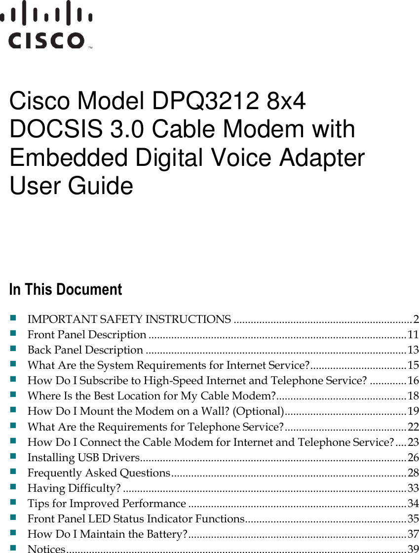 Cisco Systems Dpq3212 Users Manual 8x4 DOCSIS 3.0 Cable Modem With