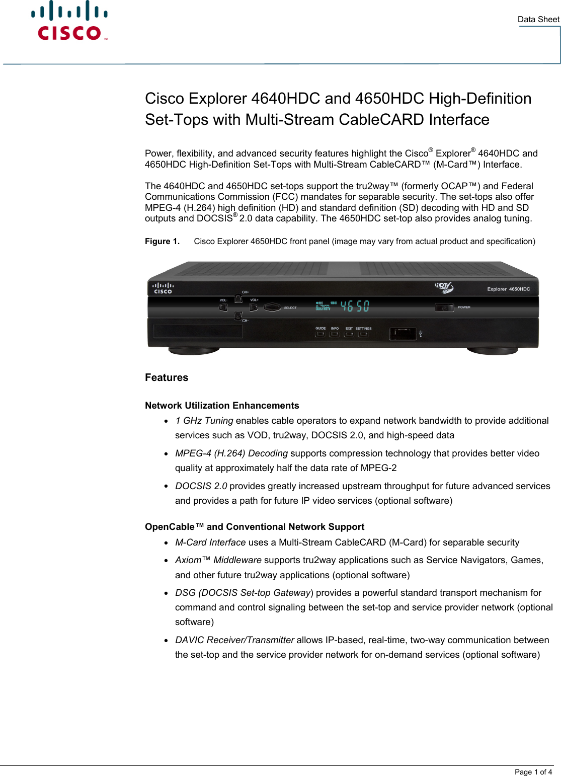 Page 1 of 4 - Cisco-Systems Cisco-Systems-Explorer-4640Hdc-Users-Manual- Cisco Explorer 4640HDC And 4650HDC High-Definition Set-Tops With Multi-Stream CableCARD Interface - 7016225  Cisco-systems-explorer-4640hdc-users-manual