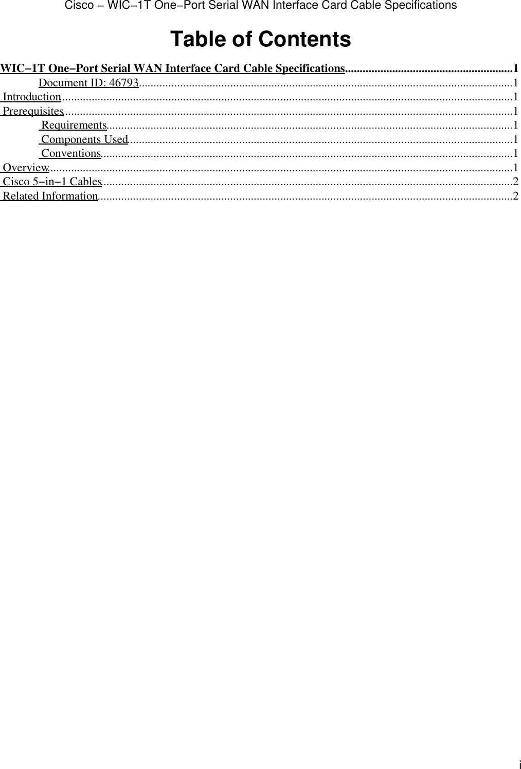 Page 1 of 3 - Cisco-Systems Cisco-Systems-Wic-1T-Specification-Sheet- Cisco - WIC-1T One-Port Serial WAN Interface Card Cable Specifications  Cisco-systems-wic-1t-specification-sheet