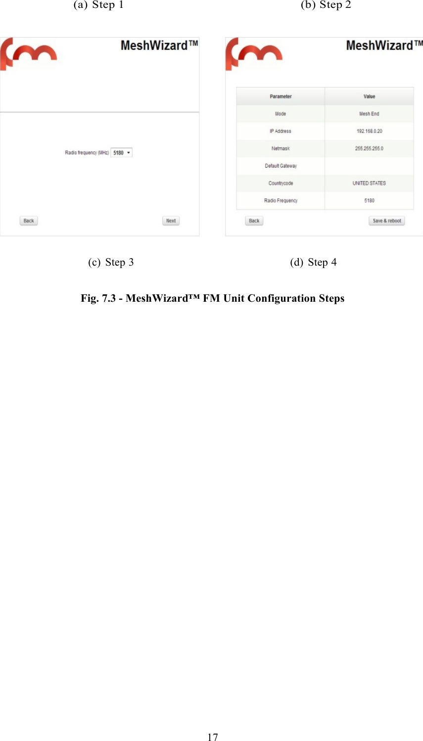  17  (a) Step 1                                                      (b) Step 2       (c) Step 3                                                       (d) Step 4  Fig. 7.3 - MeshWizard™ FM Unit Configuration Steps     