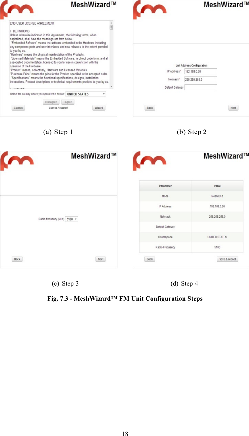  18     (a) Step 1                                                      (b) Step 2       (c) Step 3                                                       (d) Step 4  Fig. 7.3 - MeshWizard™ FM Unit Configuration Steps      