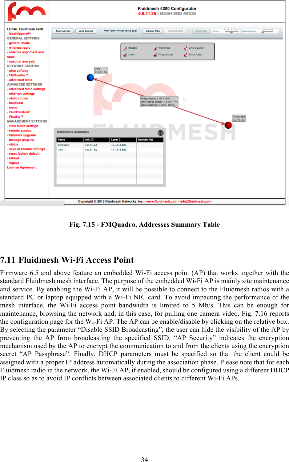  34    Fig. 7.15 - FMQuadro, Addresses Summary Table  7.11 Fluidmesh Wi-Fi Access Point Firmware 6.5 and above feature an embedded Wi-Fi access point (AP) that works together with the standard Fluidmesh mesh interface. The purpose of the embedded Wi-Fi AP is mainly site maintenance and service. By enabling the Wi-Fi AP, it will be possible to connect to the Fluidmesh radios with a standard PC or laptop equipped with a Wi-Fi NIC card. To avoid impacting the performance of the mesh  interface,  the  Wi-Fi  access  point  bandwidth  is  limited  to  5  Mb/s.  This  can  be  enough  for maintenance, browsing the network and, in this case, for pulling one camera video. Fig. 7.16 reports the configuration page for the Wi-Fi AP. The AP can be enable/disable by clicking on the relative box. By selecting the parameter “Disable SSID Broadcasting”, the user can hide the visibility of the AP by preventing  the  AP  from  broadcasting  the  specified  SSID.  “AP  Security”  indicates  the  encryption mechanism used by the AP to encrypt the communication to and from the clients using the encryption secret  “AP  Passphrase”.  Finally,  DHCP  parameters  must  be  specified  so  that  the  client  could  be assigned with a proper IP address automatically during the association phase. Please note that for each Fluidmesh radio in the network, the Wi-Fi AP, if enabled, should be configured using a different DHCP IP class so as to avoid IP conflicts between associated clients to different Wi-Fi APs.   