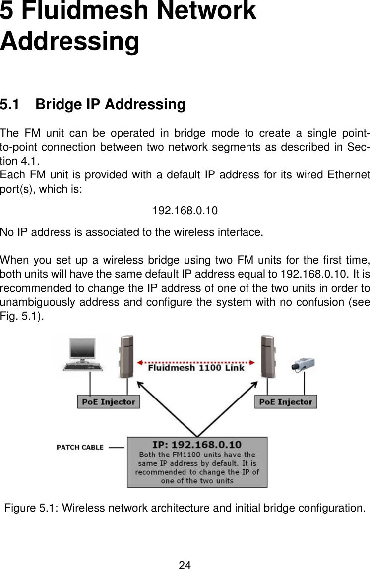 5 Fluidmesh NetworkAddressing5.1 Bridge IP AddressingThe FM unit can be operated in bridge mode to create a single point-to-point connection between two network segments as described in Sec-tion 4.1.Each FM unit is provided with a default IP address for its wired Ethernetport(s), which is:192.168.0.10No IP address is associated to the wireless interface.When you set up a wireless bridge using two FM units for the ﬁrst time,both units will have the same default IP address equal to 192.168.0.10. It isrecommended to change the IP address of one of the two units in order tounambiguously address and conﬁgure the system with no confusion (seeFig. 5.1).Figure 5.1: Wireless network architecture and initial bridge conﬁguration.24