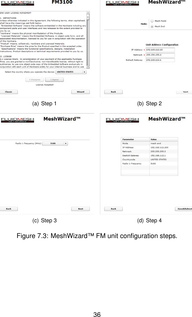 (a) Step 1 (b) Step 2(c) Step 3 (d) Step 4Figure 7.3: MeshWizard™ FM unit conﬁguration steps.36