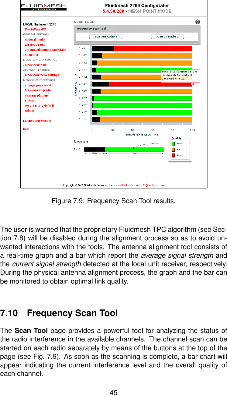 Figure 7.9: Frequency Scan Tool results.The user is warned that the proprietary Fluidmesh TPC algorithm (see Sec-tion 7.8) will be disabled during the alignment process so as to avoid un-wanted interactions with the tools. The antenna alignment tool consists ofa real-time graph and a bar which report the average signal strength andthe current signal strength detected at the local unit receiver, respectively.During the physical antenna alignment process, the graph and the bar canbe monitored to obtain optimal link quality.7.10 Frequency Scan ToolThe Scan Tool page provides a powerful tool for analyzing the status ofthe radio interference in the available channels. The channel scan can bestarted on each radio separately by means of the buttons at the top of thepage (see Fig. 7.9). As soon as the scanning is complete, a bar chart willappear indicating the current interference level and the overall quality ofeach channel.45