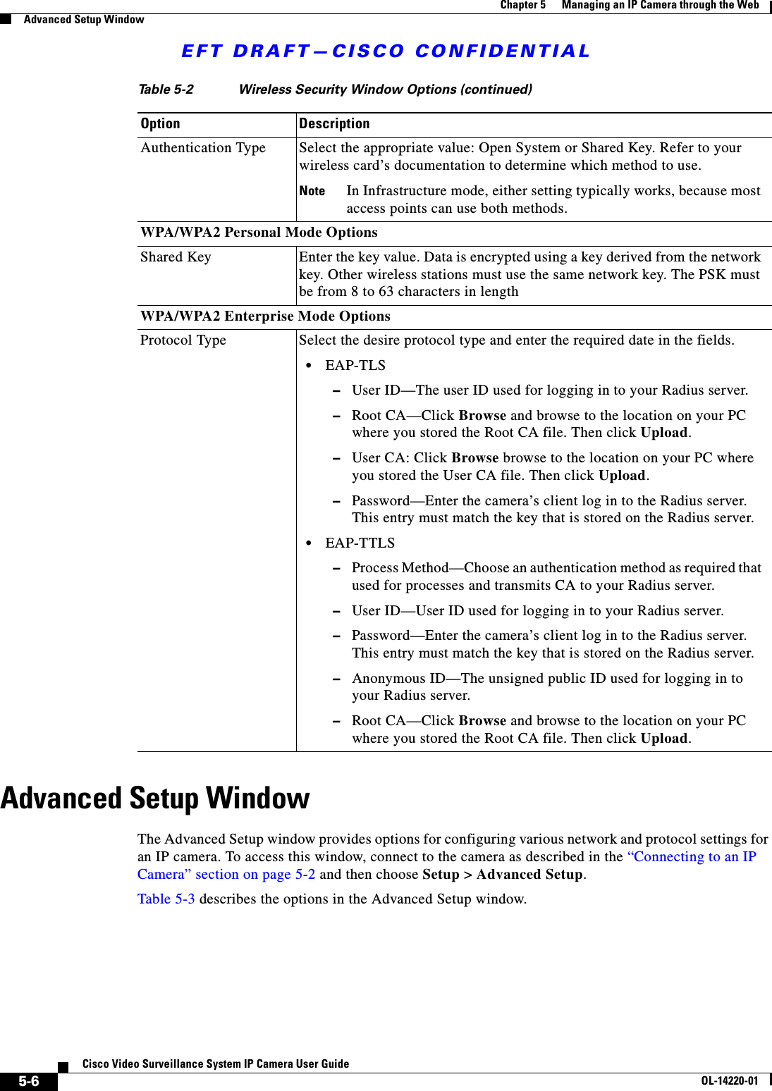 EFT DRAFT—CISCO CONFIDENTIAL5-6Cisco Video Surveillance System IP Camera User GuideOL-14220-01Chapter 5      Managing an IP Camera through the WebAdvanced Setup WindowAdvanced Setup WindowThe Advanced Setup window provides options for configuring various network and protocol settings for an IP camera. To access this window, connect to the camera as described in the “Connecting to an IP Camera” section on page 5-2 and then choose Setup &gt; Advanced Setup.Table 5-3 describes the options in the Advanced Setup window.Authentication Type Select the appropriate value: Open System or Shared Key. Refer to your wireless card’s documentation to determine which method to use.Note In Infrastructure mode, either setting typically works, because most access points can use both methods.WPA/WPA2 Personal Mode OptionsShared Key Enter the key value. Data is encrypted using a key derived from the network key. Other wireless stations must use the same network key. The PSK must be from 8 to 63 characters in lengthWPA/WPA2 Enterprise Mode OptionsProtocol Type Select the desire protocol type and enter the required date in the fields.•EAP-TLS –User ID—The user ID used for logging in to your Radius server.–Root CA—Click Browse and browse to the location on your PC where you stored the Root CA file. Then click Upload.–User CA: Click Browse browse to the location on your PC where you stored the User CA file. Then click Upload.–Password—Enter the camera’s client log in to the Radius server. This entry must match the key that is stored on the Radius server.•EAP-TTLS–Process Method—Choose an authentication method as required that used for processes and transmits CA to your Radius server.–User ID—User ID used for logging in to your Radius server.–Password—Enter the camera’s client log in to the Radius server. This entry must match the key that is stored on the Radius server.–Anonymous ID—The unsigned public ID used for logging in to your Radius server.–Root CA—Click Browse and browse to the location on your PC where you stored the Root CA file. Then click Upload.Table 5-2 Wireless Security Window Options (continued)Option Description