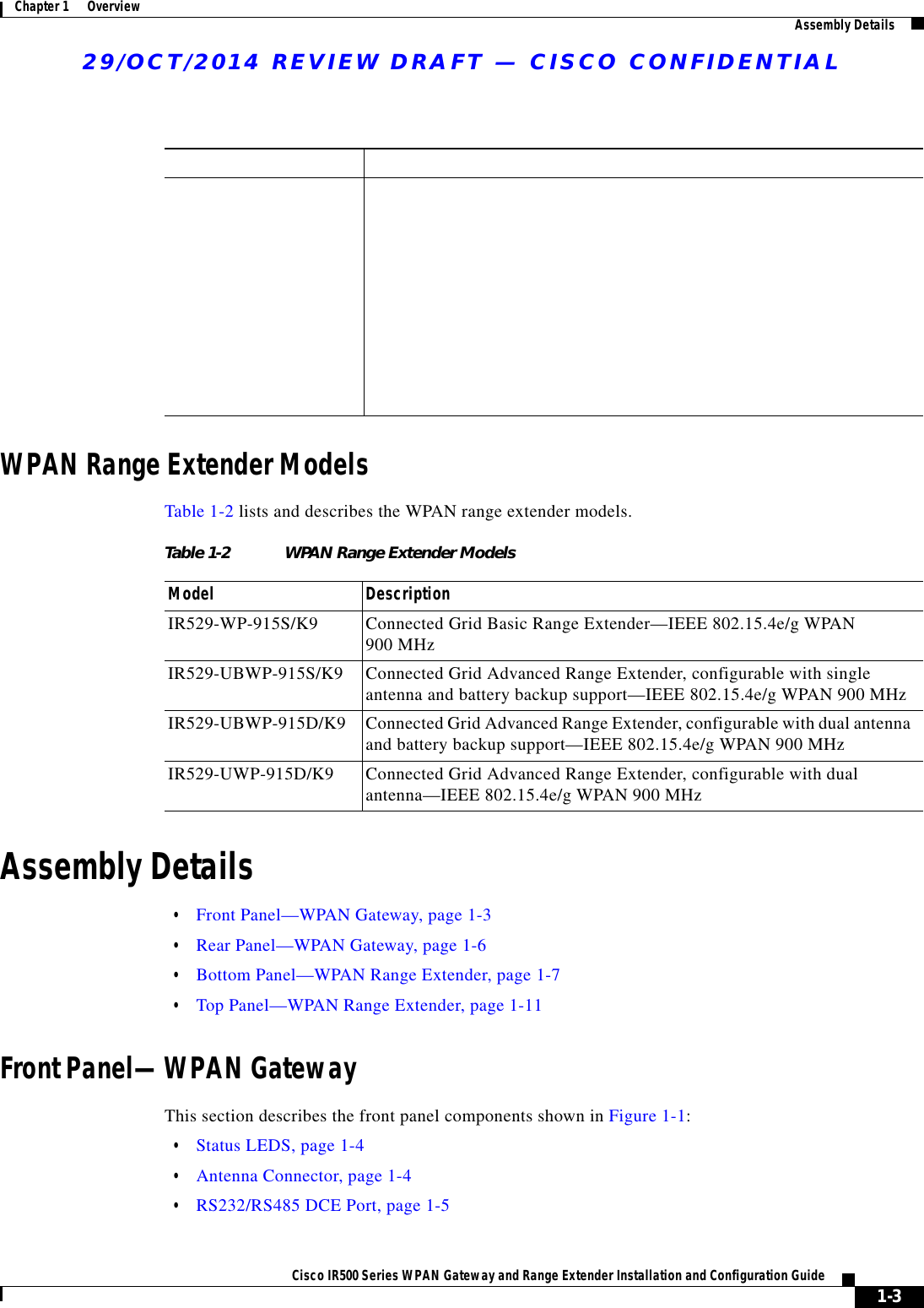 Table 1-1 WPAN Gateway ModelsModel DescriptionIR509U-WP-915/K9 The IR509U-WP-915/K9 model includes:  • IEEE 802.15.4g/e WPAN 902-928 MHz mesh interface  • 10/100 Fast Ethernet port  • RS232 serial port  • RS232/RS485 serial port  • USB port  • Configurable alarm input (normally open or normally closed setup)  • IP30 enclosure29/OCT/2014 REVIEW DRAFT — CISCO CONFIDENTIAL1-3Cisco IR500 Series WPAN Gateway and Range Extender Installation and Configuration Guide Chapter 1      Overview Assembly DetailsWPAN Range Extender ModelsTable 1-2 lists and describes the WPAN range extender models.Table 1-2 WPAN Range Extender ModelsModel DescriptionIR529-WP-915S/K9 Connected Grid Basic Range Extender—IEEE 802.15.4e/g WPAN 900 MHzIR529-UBWP-915S/K9 Connected Grid Advanced Range Extender, configurable with single antenna and battery backup support—IEEE 802.15.4e/g WPAN 900 MHzIR529-UBWP-915D/K9 Connected Grid Advanced Range Extender, configurable with dual antenna and battery backup support—IEEE 802.15.4e/g WPAN 900 MHzIR529-UWP-915D/K9 Connected Grid Advanced Range Extender, configurable with dual antenna—IEEE 802.15.4e/g WPAN 900 MHzAssembly Details  • Front Panel—WPAN Gateway, page 1-3  • Rear Panel—WPAN Gateway, page 1-6  • Bottom Panel—WPAN Range Extender, page 1-7  • Top Panel—WPAN Range Extender, page 1-11Front Panel—WPAN GatewayThis section describes the front panel components shown in Figure 1-1:  • Status LEDS, page 1-4  • Antenna Connector, page 1-4  • RS232/RS485 DCE Port, page 1-5