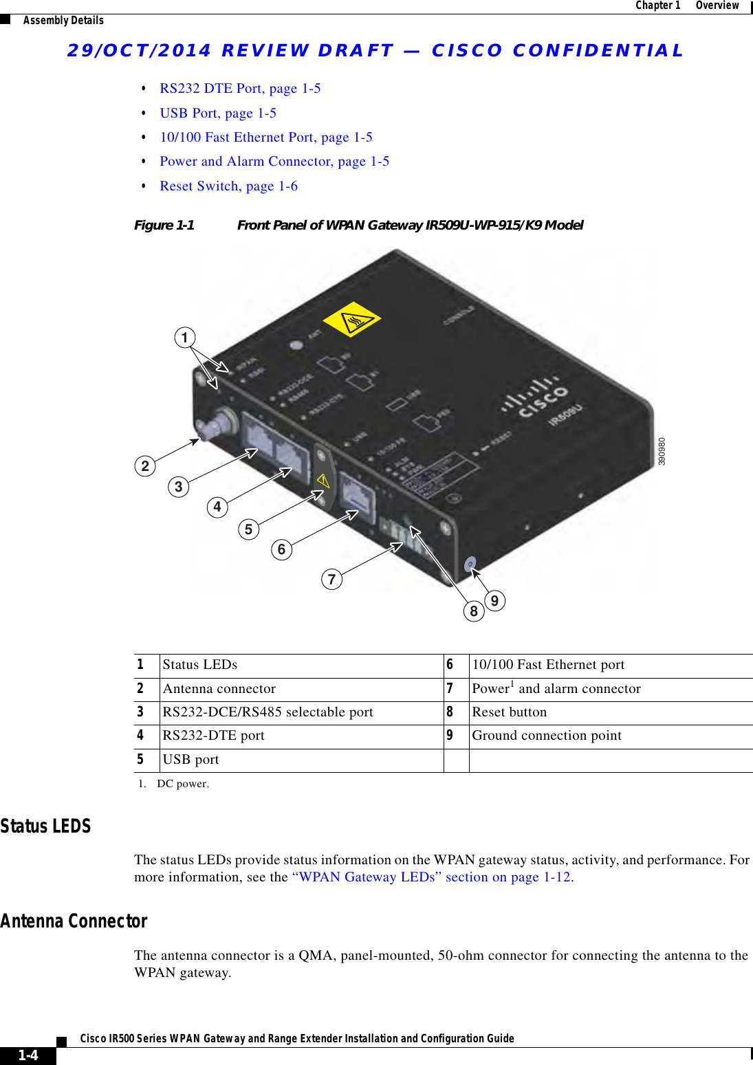 29/OCT/2014 REVIEW DRAFT — CISCO CONFIDENTIAL1-4Cisco IR500 Series WPAN Gateway and Range Extender Installation and Configuration Guide  Chapter 1      Overview Assembly Details  • RS232 DTE Port, page 1-5  • USB Port, page 1-5  • 10/100 Fast Ethernet Port, page 1-5  • Power and Alarm Connector, page 1-5  • Reset Switch, page 1-6Figure 1-1 Front Panel of WPAN Gateway IR509U-WP-915/K9 Model1234678390980591Status LEDs 610/100 Fast Ethernet port2Antenna connector 7Power11. DC power. and alarm connector3RS232-DCE/RS485 selectable port 8Reset button4RS232-DTE port 9Ground connection point5USB portStatus LEDSThe status LEDs provide status information on the WPAN gateway status, activity, and performance. For more information, see the “WPAN Gateway LEDs” section on page 1-12.Antenna ConnectorThe antenna connector is a QMA, panel-mounted, 50-ohm connector for connecting the antenna to the WPAN gateway.