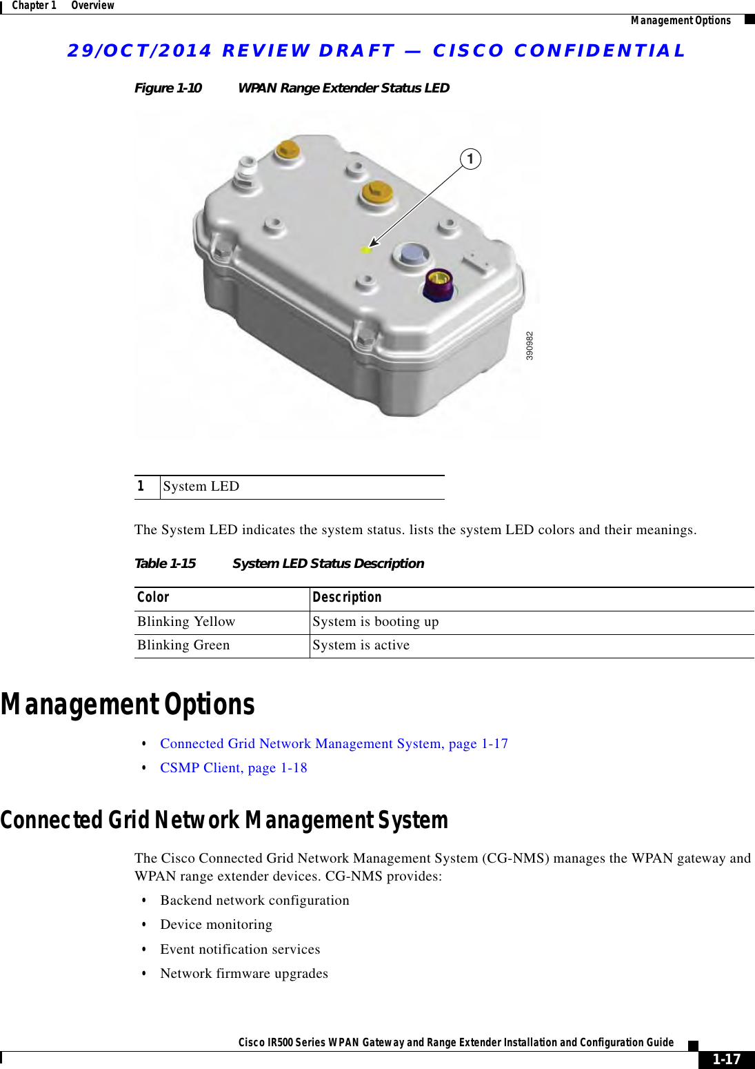 29/OCT/2014 REVIEW DRAFT — CISCO CONFIDENTIAL1-17Cisco IR500 Series WPAN Gateway and Range Extender Installation and Configuration Guide Chapter 1      Overview Management OptionsFigure 1-10 WPAN Range Extender Status LED13909821System LEDThe System LED indicates the system status. lists the system LED colors and their meanings.Table 1-15 System LED Status DescriptionColor DescriptionBlinking Yellow System is booting upBlinking Green System is activeManagement Options  • Connected Grid Network Management System, page 1-17  • CSMP Client, page 1-18Connected Grid Network Management SystemThe Cisco Connected Grid Network Management System (CG-NMS) manages the WPAN gateway and WPAN range extender devices. CG-NMS provides:  • Backend network configuration  • Device monitoring  • Event notification services  • Network firmware upgrades