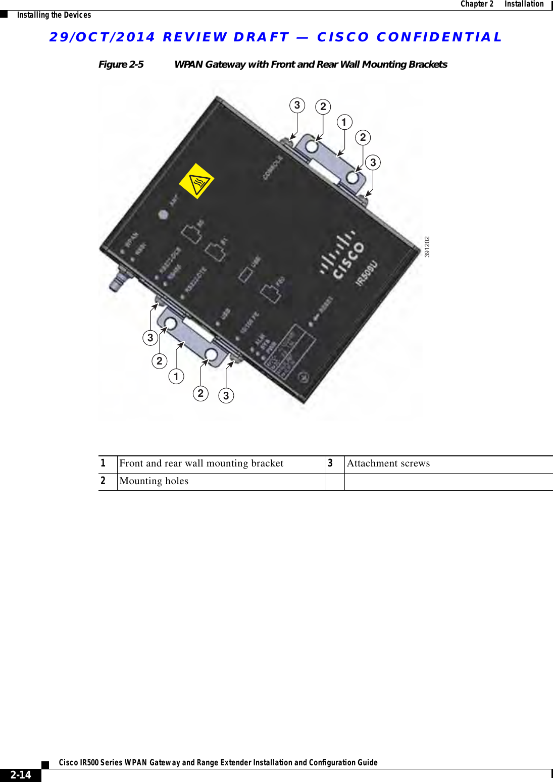 29/OCT/2014 REVIEW DRAFT — CISCO CONFIDENTIAL2-14Cisco IR500 Series WPAN Gateway and Range Extender Installation and Configuration Guide  Chapter 2      Installation Installing the DevicesFigure 2-5 WPAN Gateway with Front and Rear Wall Mounting Brackets12233122333912021Front and rear wall mounting bracket 3Attachment screws2Mounting holes