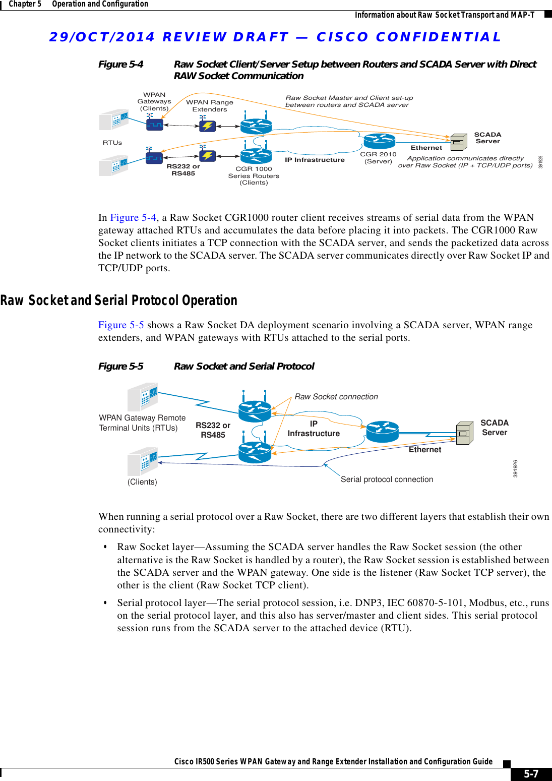 29/OCT/2014 REVIEW DRAFT — CISCO CONFIDENTIAL5-7Cisco IR500 Series WPAN Gateway and Range Extender Installation and Configuration Guide Chapter 5      Operation and Configuration Information about Raw Socket Transport and MAP-TFigure 5-4 Raw Socket Client/Server Setup between Routers and SCADA Server with Direct RAW Socket CommunicationRaw Socket Master and Client set-upbetween routers and SCADA serverApplication communicates directlyover Raw Socket (IP + TCP/UDP ports)IP InfrastructureEthernetSCADAServer391929RS232 orRS485RTUsWPAN RangeExtendersWPANGateways(Clients)CGR 2010(Server)CGR 1000Series Routers(Clients)In Figure 5-4, a Raw Socket CGR1000 router client receives streams of serial data from the WPAN gateway attached RTUs and accumulates the data before placing it into packets. The CGR1000 Raw Socket clients initiates a TCP connection with the SCADA server, and sends the packetized data across the IP network to the SCADA server. The SCADA server communicates directly over Raw Socket IP and TCP/UDP ports.Raw Socket and Serial Protocol OperationFigure 5-5 shows a Raw Socket DA deployment scenario involving a SCADA server, WPAN range extenders, and WPAN gateways with RTUs attached to the serial ports.Figure 5-5 Raw Socket and Serial ProtocolWPAN Gateway RemoteTerminal Units (RTUs)(Clients)Raw Socket connectionSerial protocol connectionRS232 orRS485IPInfrastructureEthernetSCADAServer391926When running a serial protocol over a Raw Socket, there are two different layers that establish their own connectivity:  • Raw Socket layer—Assuming the SCADA server handles the Raw Socket session (the other alternative is the Raw Socket is handled by a router), the Raw Socket session is established between the SCADA server and the WPAN gateway. One side is the listener (Raw Socket TCP server), the other is the client (Raw Socket TCP client).  • Serial protocol layer—The serial protocol session, i.e. DNP3, IEC 60870-5-101, Modbus, etc., runs on the serial protocol layer, and this also has server/master and client sides. This serial protocol session runs from the SCADA server to the attached device (RTU).