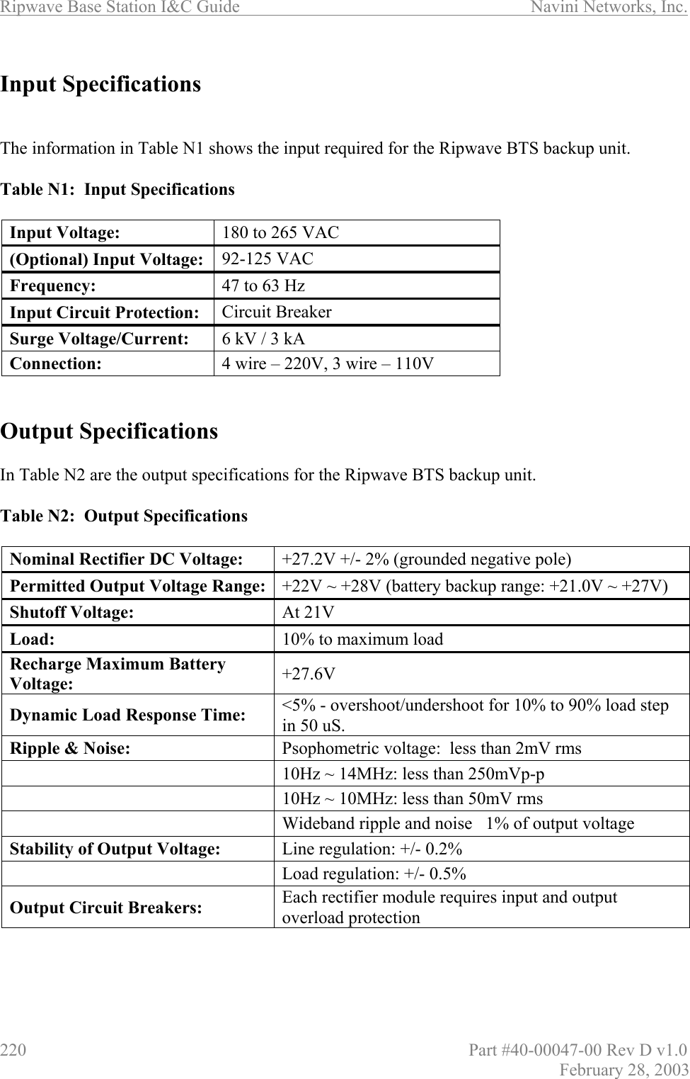 Ripwave Base Station I&amp;C Guide                      Navini Networks, Inc. 220                          Part #40-00047-00 Rev D v1.0 February 28, 2003  Input Specifications   The information in Table N1 shows the input required for the Ripwave BTS backup unit.  Table N1:  Input Specifications  Input Voltage:  180 to 265 VAC (Optional) Input Voltage:  92-125 VAC Frequency:  47 to 63 Hz Input Circuit Protection:  Circuit Breaker Surge Voltage/Current:  6 kV / 3 kA Connection:  4 wire – 220V, 3 wire – 110V   Output Specifications  In Table N2 are the output specifications for the Ripwave BTS backup unit.  Table N2:  Output Specifications  Nominal Rectifier DC Voltage:  +27.2V +/- 2% (grounded negative pole) Permitted Output Voltage Range: +22V ~ +28V (battery backup range: +21.0V ~ +27V) Shutoff Voltage:  At 21V Load:  10% to maximum load Recharge Maximum Battery Voltage:  +27.6V Dynamic Load Response Time:  &lt;5% - overshoot/undershoot for 10% to 90% load step in 50 uS. Ripple &amp; Noise:  Psophometric voltage:  less than 2mV rms  10Hz ~ 14MHz: less than 250mVp-p  10Hz ~ 10MHz: less than 50mV rms  Wideband ripple and noise   1% of output voltage Stability of Output Voltage:  Line regulation: +/- 0.2%  Load regulation: +/- 0.5% Output Circuit Breakers:  Each rectifier module requires input and output overload protection  