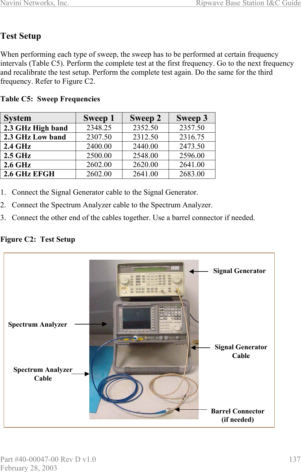 Navini Networks, Inc.                          Ripwave Base Station I&amp;C Guide Part #40-00047-00 Rev D v1.0                     137 February 28, 2003  Test Setup  When performing each type of sweep, the sweep has to be performed at certain frequency intervals (Table C5). Perform the complete test at the first frequency. Go to the next frequency and recalibrate the test setup. Perform the complete test again. Do the same for the third frequency. Refer to Figure C2.  Table C5:  Sweep Frequencies  System  Sweep 1  Sweep 2  Sweep 3 2.3 GHz High band  2348.25 2352.50 2357.50 2.3 GHz Low band  2307.50 2312.50 2316.75 2.4 GHz  2400.00 2440.00 2473.50 2.5 GHz  2500.00 2548.00 2596.00 2.6 GHz  2602.00 2620.00 2641.00 2.6 GHz EFGH  2602.00 2641.00 2683.00  1.  Connect the Signal Generator cable to the Signal Generator. 2.  Connect the Spectrum Analyzer cable to the Spectrum Analyzer.  3.  Connect the other end of the cables together. Use a barrel connector if needed.  Figure C2:  Test Setup                       Spectrum AnalyzerSignal GeneratorBarrel Connector (if needed)Signal Generator CableSpectrum Analyzer CableSpectrum AnalyzerSignal GeneratorBarrel Connector (if needed)Signal Generator CableSpectrum Analyzer Cable