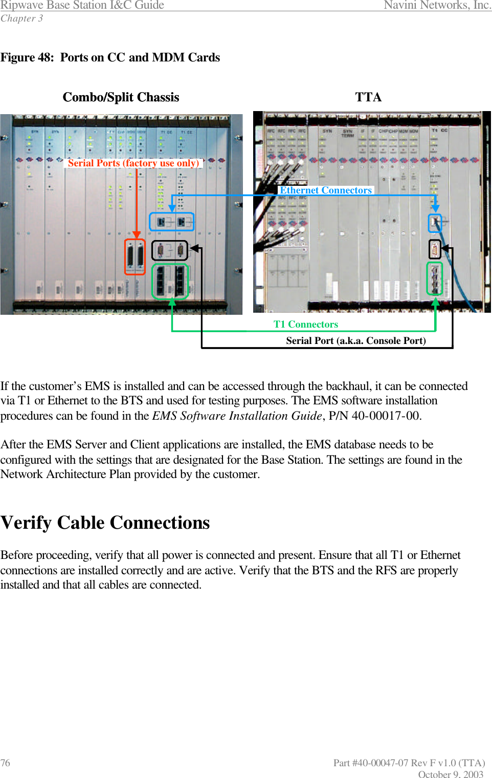 Ripwave Base Station I&amp;C Guide                 Navini Networks, Inc. Chapter 3 76                   Part #40-00047-07 Rev F v1.0 (TTA)         October 9, 2003  Figure 48:  Ports on CC and MDM Cards    If the customer’s EMS is installed and can be accessed through the backhaul, it can be connected via T1 or Ethernet to the BTS and used for testing purposes. The EMS software installation procedures can be found in the EMS Software Installation Guide, P/N 40-00017-00.  After the EMS Server and Client applications are installed, the EMS database needs to be configured with the settings that are designated for the Base Station. The settings are found in the Network Architecture Plan provided by the customer.    Verify Cable Connections  Before proceeding, verify that all power is connected and present. Ensure that all T1 or Ethernet connections are installed correctly and are active. Verify that the BTS and the RFS are properly installed and that all cables are connected.  Combo/Split Chassis TTASerial Port (a.k.a. Console Port)T1 ConnectorsEthernet ConnectorsSerial Ports (factory use only)Combo/Split Chassis TTASerial Port (a.k.a. Console Port)T1 ConnectorsEthernet ConnectorsEthernet ConnectorsSerial Ports (factory use only)Serial Ports (factory use only)