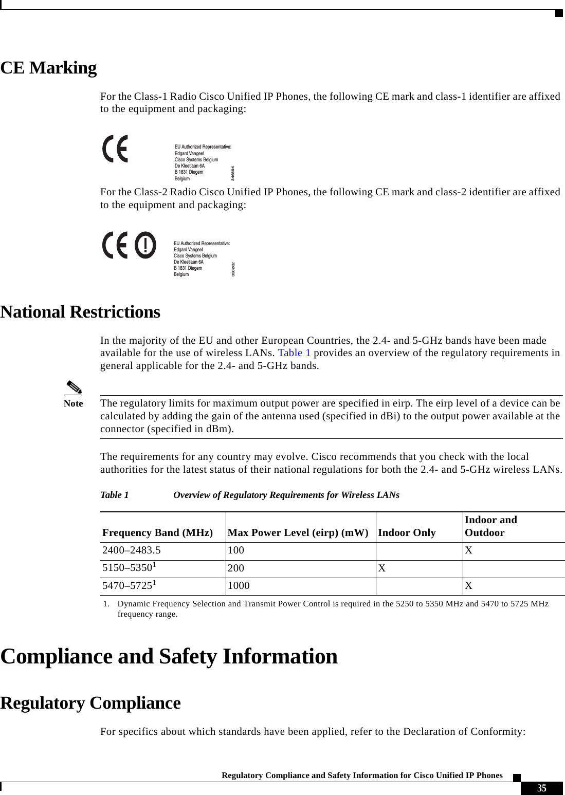  35Regulatory Compliance and Safety Information for Cisco Unified IP Phones CE MarkingFor the Class-1 Radio Cisco Unified IP Phones, the following CE mark and class-1 identifier are affixed to the equipment and packaging:For the Class-2 Radio Cisco Unified IP Phones, the following CE mark and class-2 identifier are affixed to the equipment and packaging:National RestrictionsIn the majority of the EU and other European Countries, the 2.4- and 5-GHz bands have been made available for the use of wireless LANs. Table 1 provides an overview of the regulatory requirements in general applicable for the 2.4- and 5-GHz bands.Note The regulatory limits for maximum output power are specified in eirp. The eirp level of a device can be calculated by adding the gain of the antenna used (specified in dBi) to the output power available at the connector (specified in dBm).The requirements for any country may evolve. Cisco recommends that you check with the local authorities for the latest status of their national regulations for both the 2.4- and 5-GHz wireless LANs.Compliance and Safety InformationRegulatory ComplianceFor specifics about which standards have been applied, refer to the Declaration of Conformity:346894EU Authorized Representative:Edgard VangeelCisco Systems BelgiumDe Kleetlaan 6AB 1831 DiegemBelgium330262EU Authorized Representative:Edgard VangeelCisco Systems BelgiumDe Kleetlaan 6AB 1831 DiegemBelgiumTable 1 Overview of Regulatory Requirements for Wireless LANsFrequency Band (MHz) Max Power Level (eirp) (mW) Indoor Only Indoor and Outdoor2400–2483.5 100 X5150–535011. Dynamic Frequency Selection and Transmit Power Control is required in the 5250 to 5350 MHz and 5470 to 5725 MHz frequency range.200 X5470–572511000 X