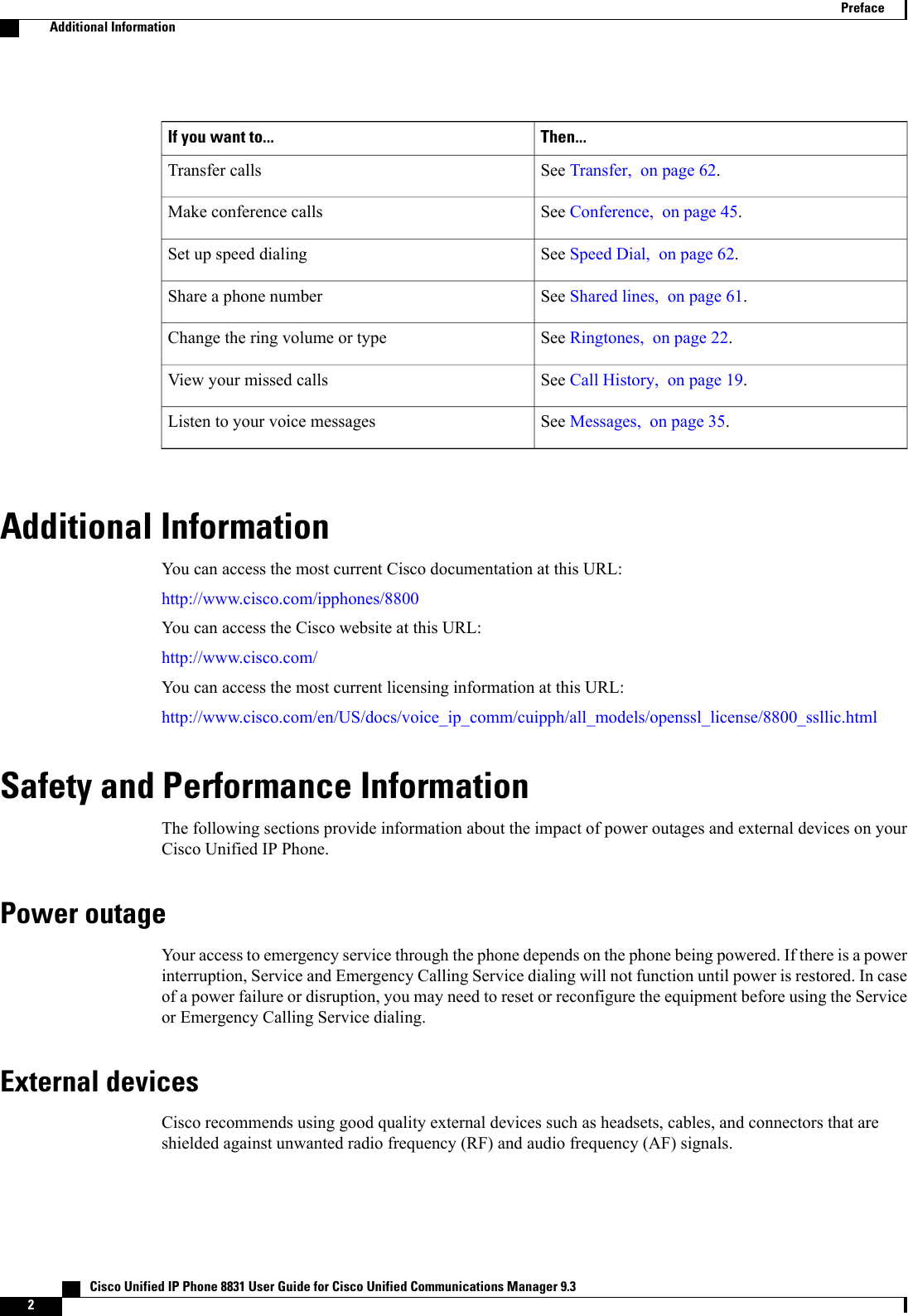 Then...If you want to...See Transfer, on page 62.Transfer callsSee Conference, on page 45.Make conference callsSee Speed Dial, on page 62.Set up speed dialingSee Shared lines, on page 61.Share a phone numberSee Ringtones, on page 22.Change the ring volume or typeSee Call History, on page 19.View your missed callsSee Messages, on page 35.Listen to your voice messagesAdditional InformationYou can access the most current Cisco documentation at this URL:http://www.cisco.com/ipphones/8800You can access the Cisco website at this URL:http://www.cisco.com/You can access the most current licensing information at this URL:http://www.cisco.com/en/US/docs/voice_ip_comm/cuipph/all_models/openssl_license/8800_ssllic.htmlSafety and Performance InformationThe following sections provide information about the impact of power outages and external devices on yourCisco Unified IP Phone.Power outageYour access to emergency service through the phone depends on the phone being powered. If there is a powerinterruption, Service and Emergency Calling Service dialing will not function until power is restored. In caseof a power failure or disruption, you may need to reset or reconfigure the equipment before using the Serviceor Emergency Calling Service dialing.External devicesCisco recommends using good quality external devices such as headsets, cables, and connectors that areshielded against unwanted radio frequency (RF) and audio frequency (AF) signals.   Cisco Unified IP Phone 8831 User Guide for Cisco Unified Communications Manager 9.32PrefaceAdditional Information