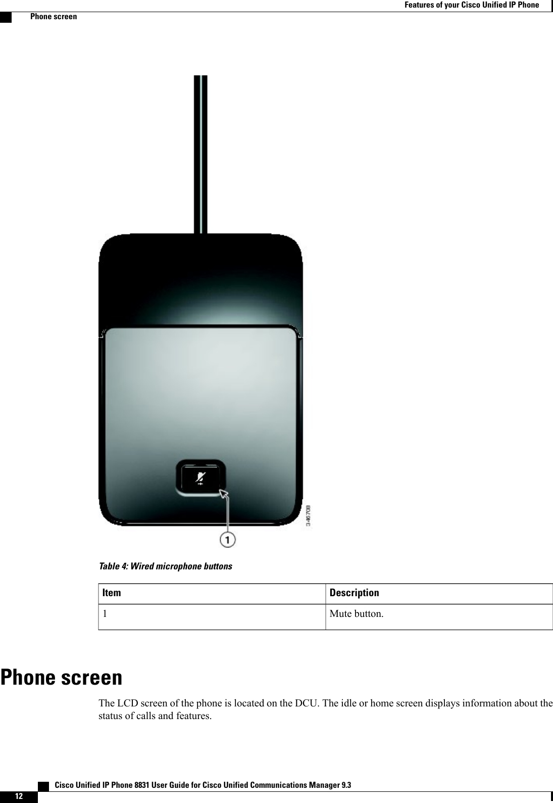 Table 4: Wired microphone buttonsDescriptionItemMute button.1Phone screenThe LCD screen of the phone is located on the DCU. The idle or home screen displays information about thestatus of calls and features.   Cisco Unified IP Phone 8831 User Guide for Cisco Unified Communications Manager 9.312Features of your Cisco Unified IP PhonePhone screen